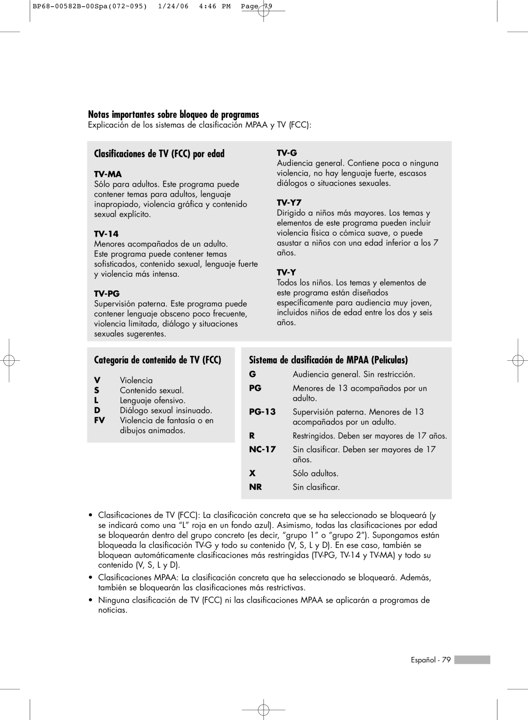 Samsung SP46L6HN, SP61L6HN, SP56L6HN manual Notas importantes sobre bloqueo de programas, Clasificaciones de TV FCC por edad 