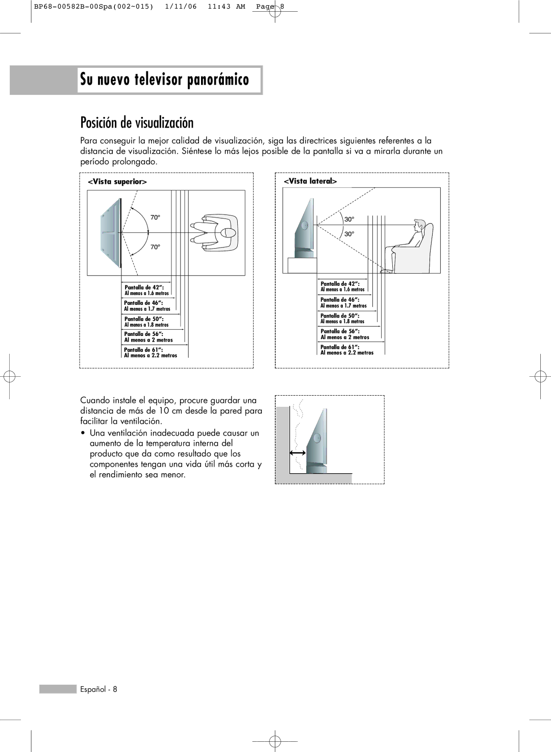 Samsung SP42L6HN, SP61L6HN, SP56L6HN, SP50L6HN, SP46L6HN manual Su nuevo televisor panorámico, Posición de visualización 