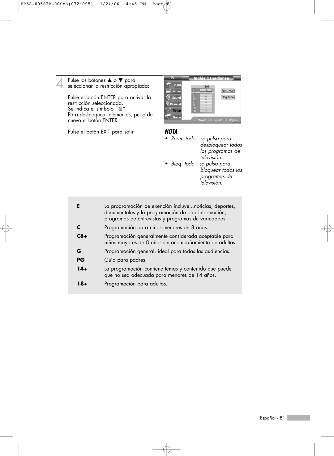 Samsung SP56L6HN, SP61L6HN, SP50L6HN, SP42L6HN, SP46L6HN manual Inglés Canadiense 