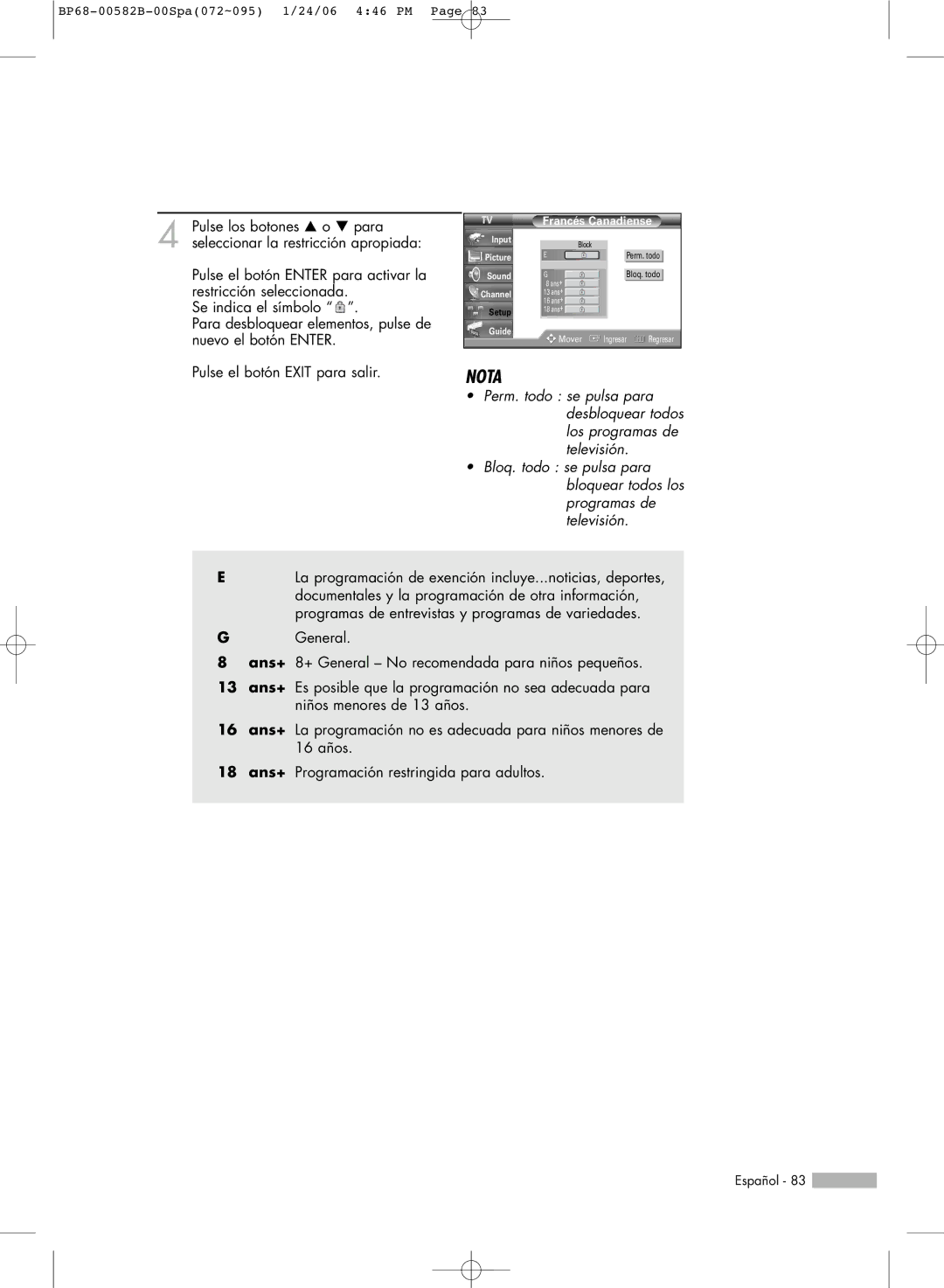 Samsung SP42L6HN, SP61L6HN, SP56L6HN, SP50L6HN, SP46L6HN manual Francés Canadiense 