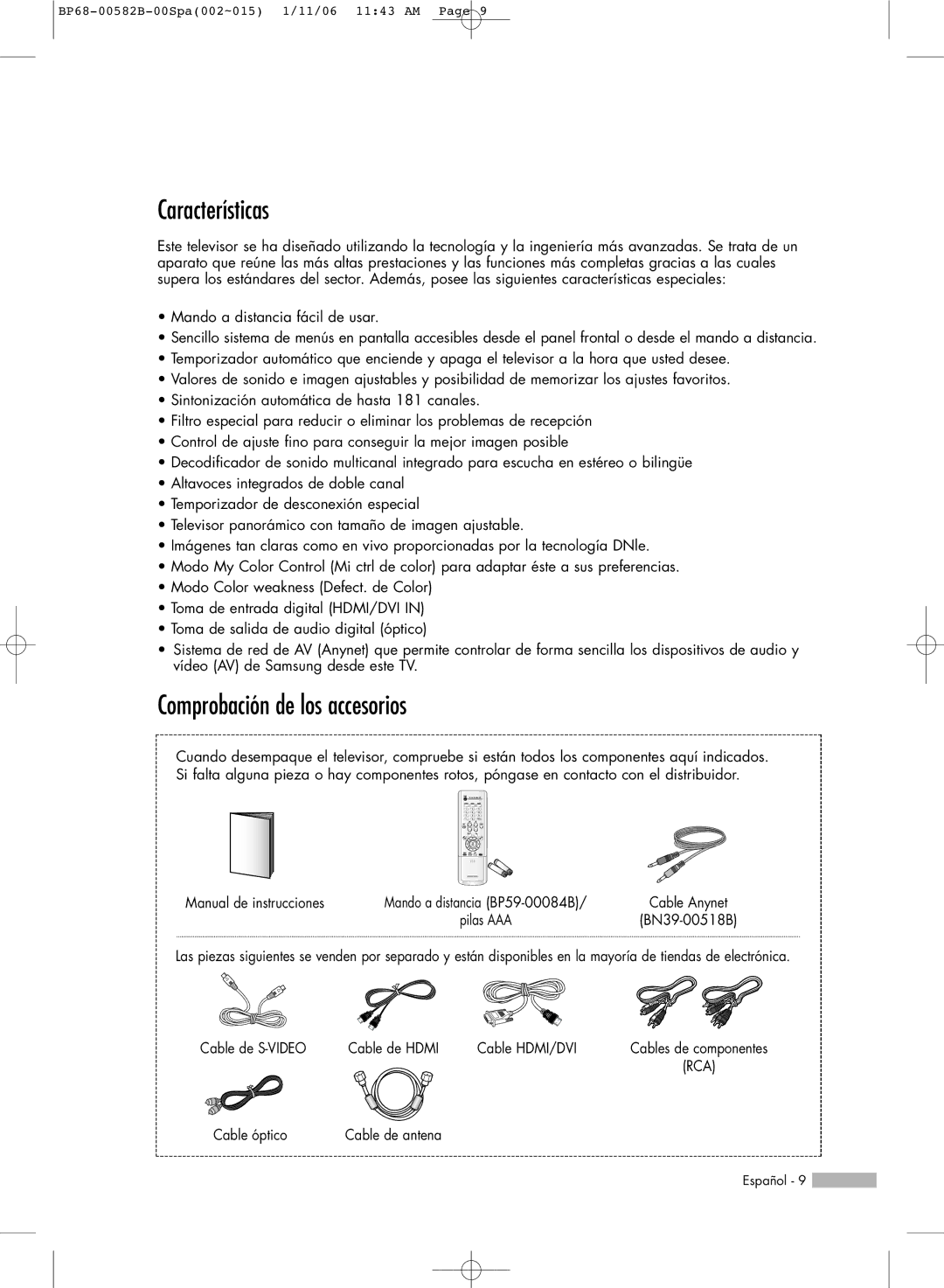 Samsung SP46L6HN, SP61L6HN, SP56L6HN, SP50L6HN, SP42L6HN manual Características, Comprobación de los accesorios 