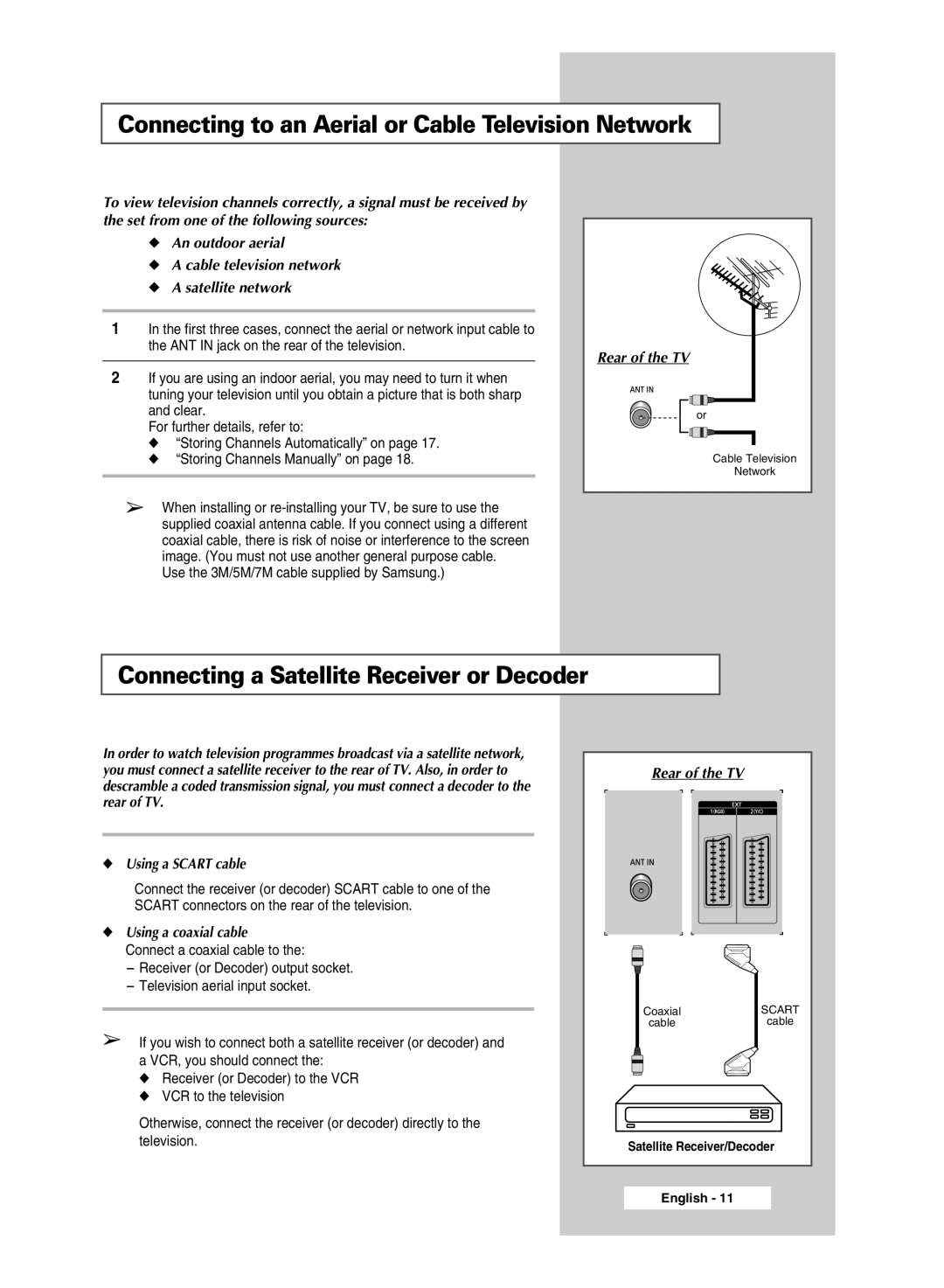 Samsung SP50L6HD, SP67L6HD Connecting to an Aerial or Cable Television Network, Connecting a Satellite Receiver or Decoder 