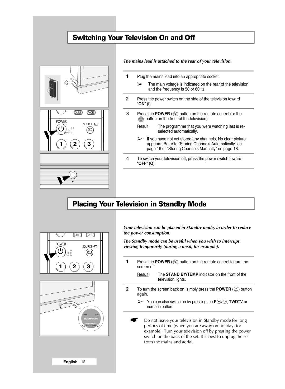 Samsung SP67L6HD, SP50L6HD manual Switching Your Television On and Off, Placing Your Television in Standby Mode 