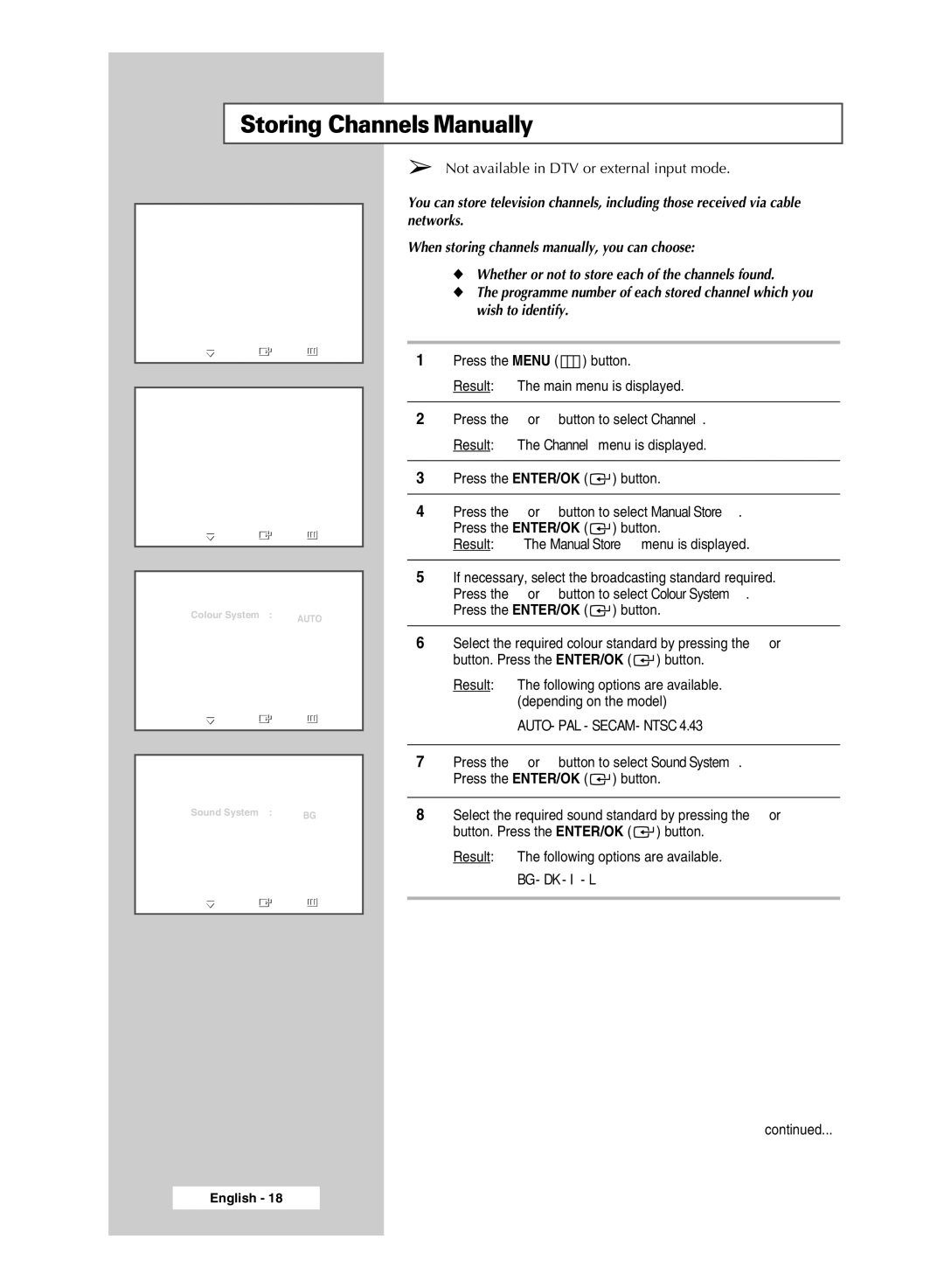 Samsung SP67L6HD, SP50L6HD manual Storing ChannelsManually, Bg Dk I L 