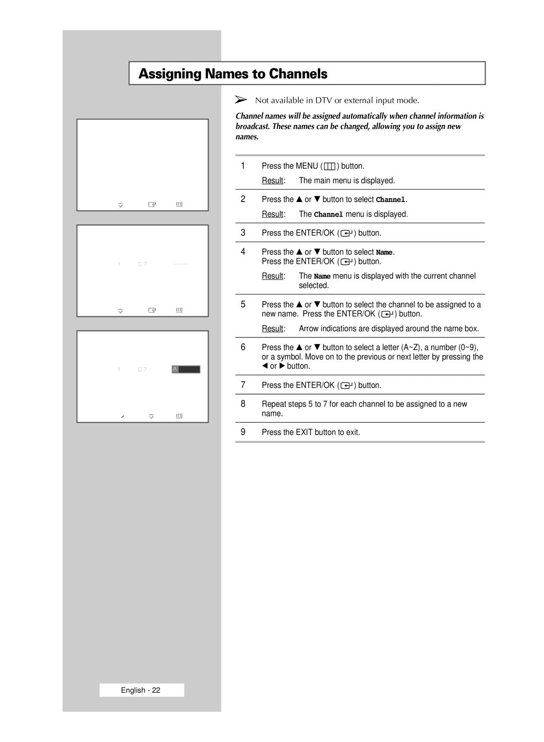 Samsung SP67L6HD, SP50L6HD manual Assigning Names to Channels 