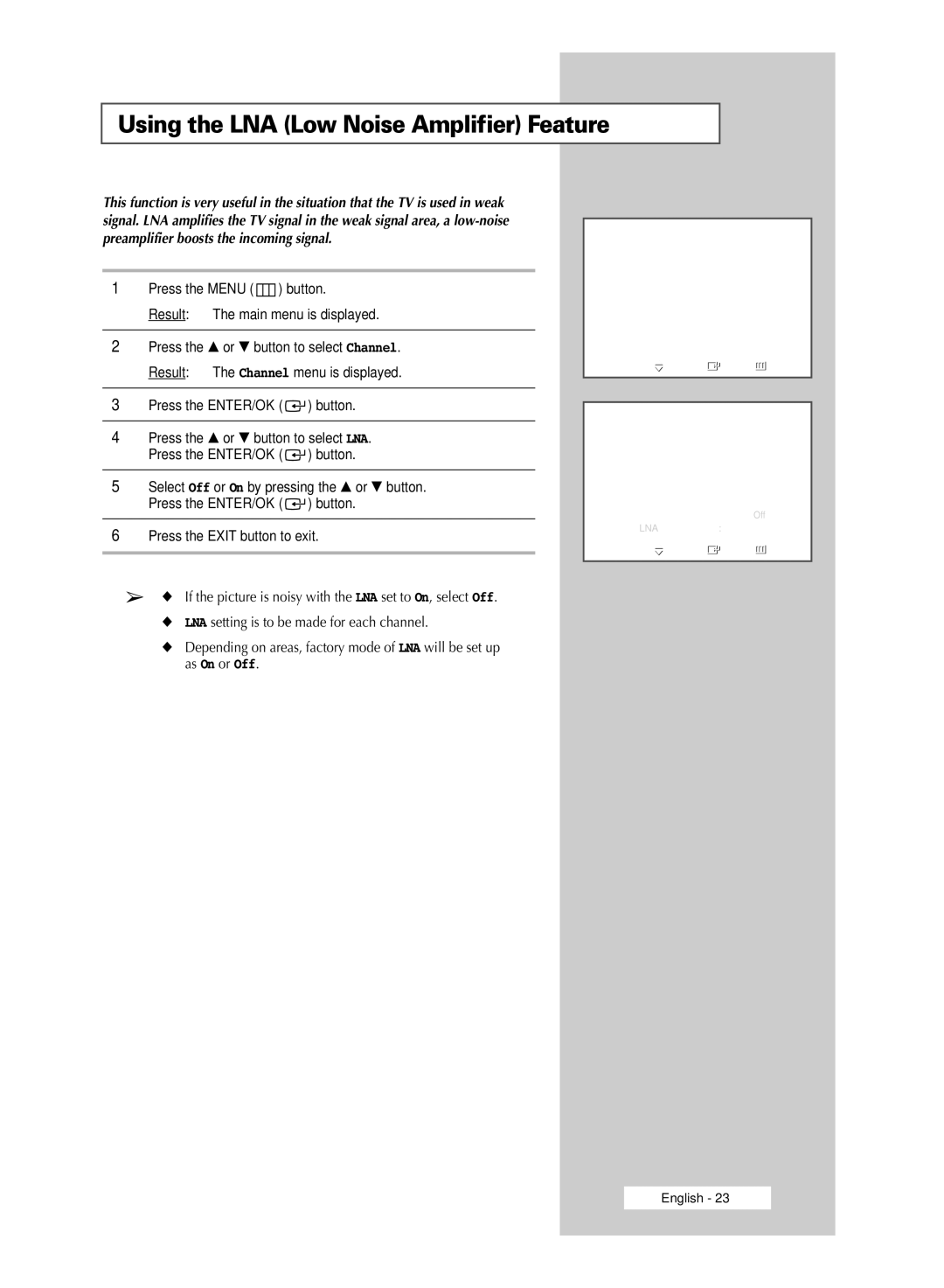 Samsung SP50L6HD, SP67L6HD manual Using the LNA Low Noise Amplifier Feature 