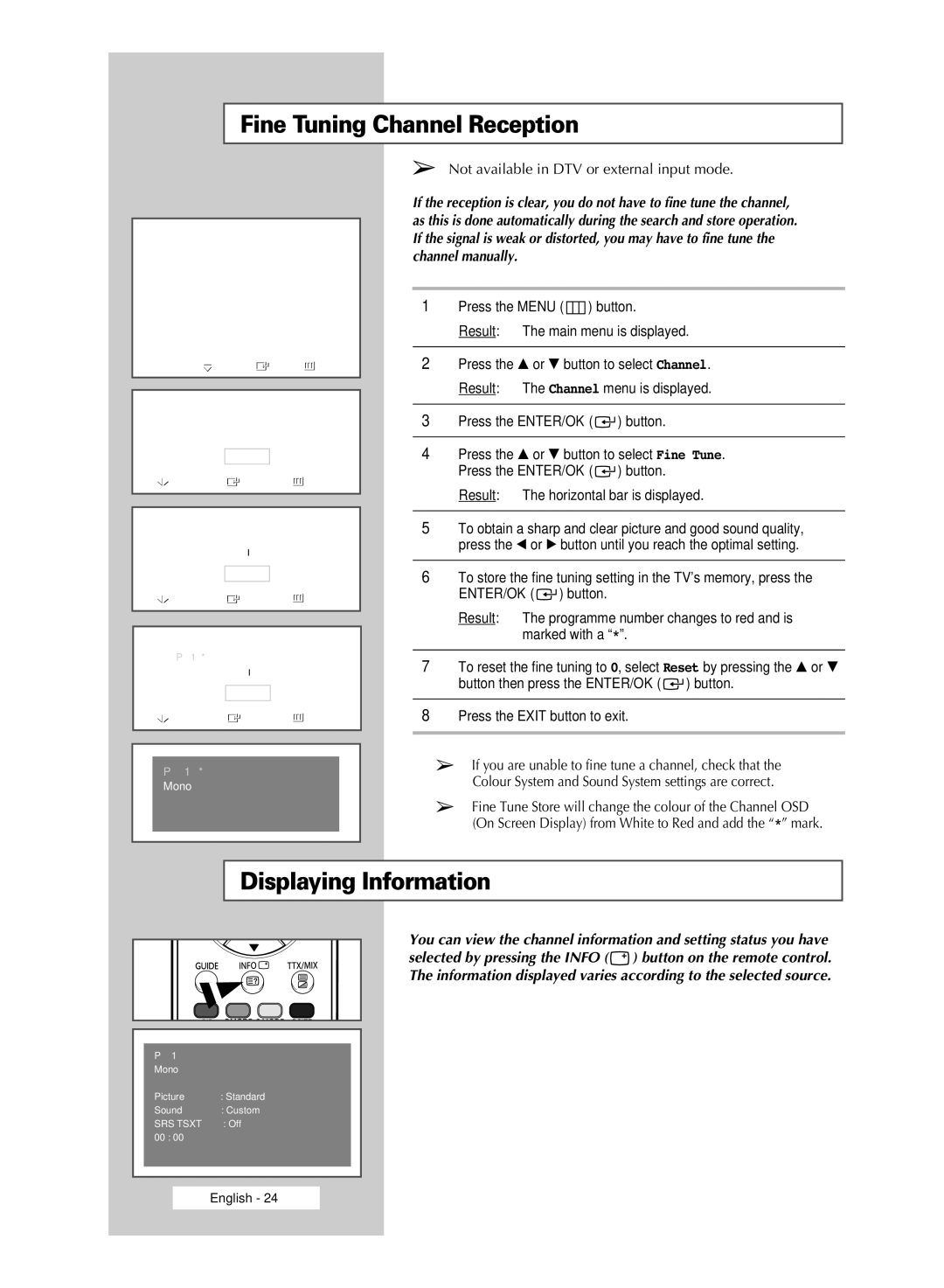 Samsung SP67L6HD, SP50L6HD manual Fine Tuning Channel Reception, Displaying Information 