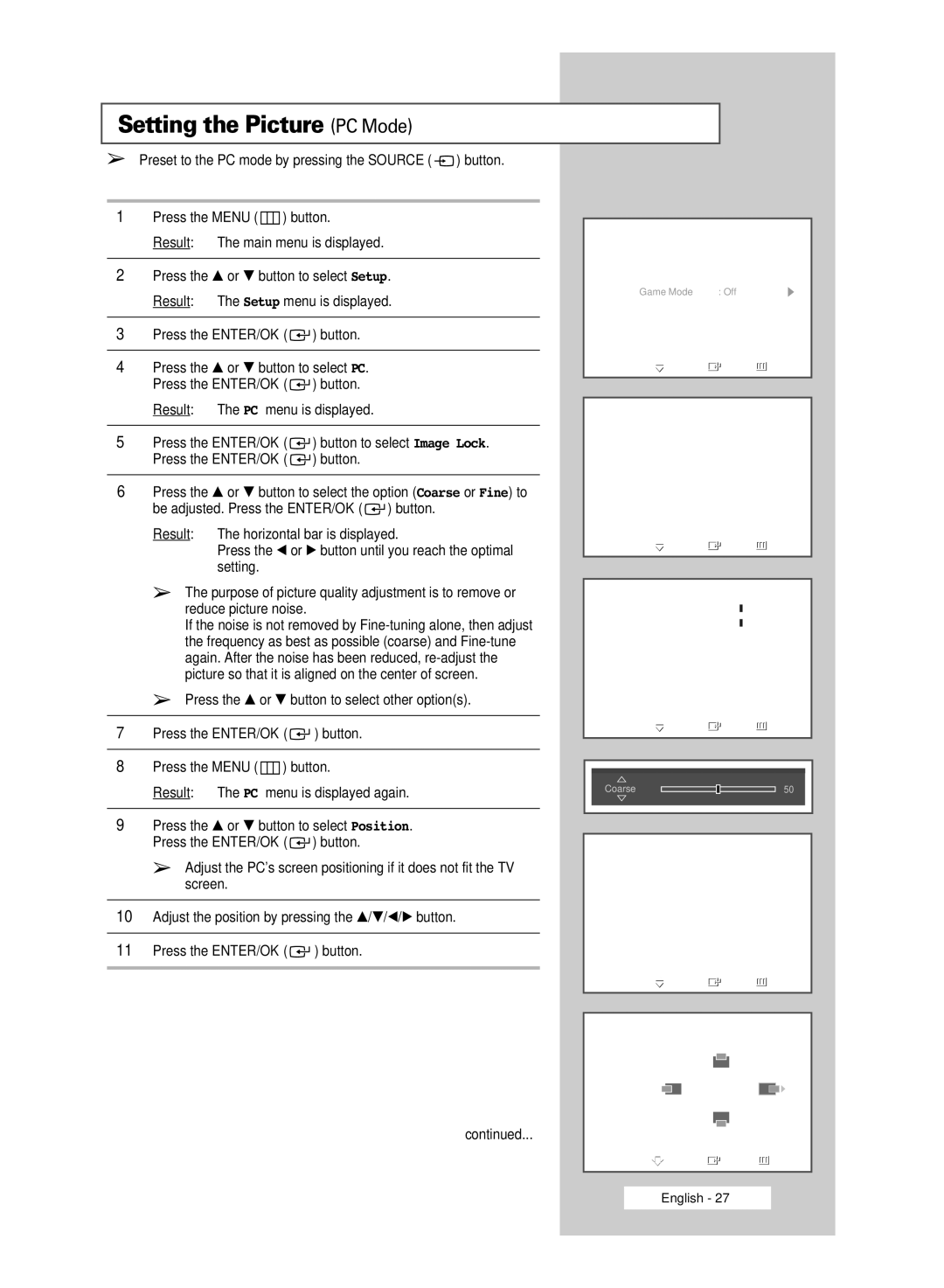 Samsung SP50L6HD, SP67L6HD manual Setting the Picture PC Mode, Tvpc 