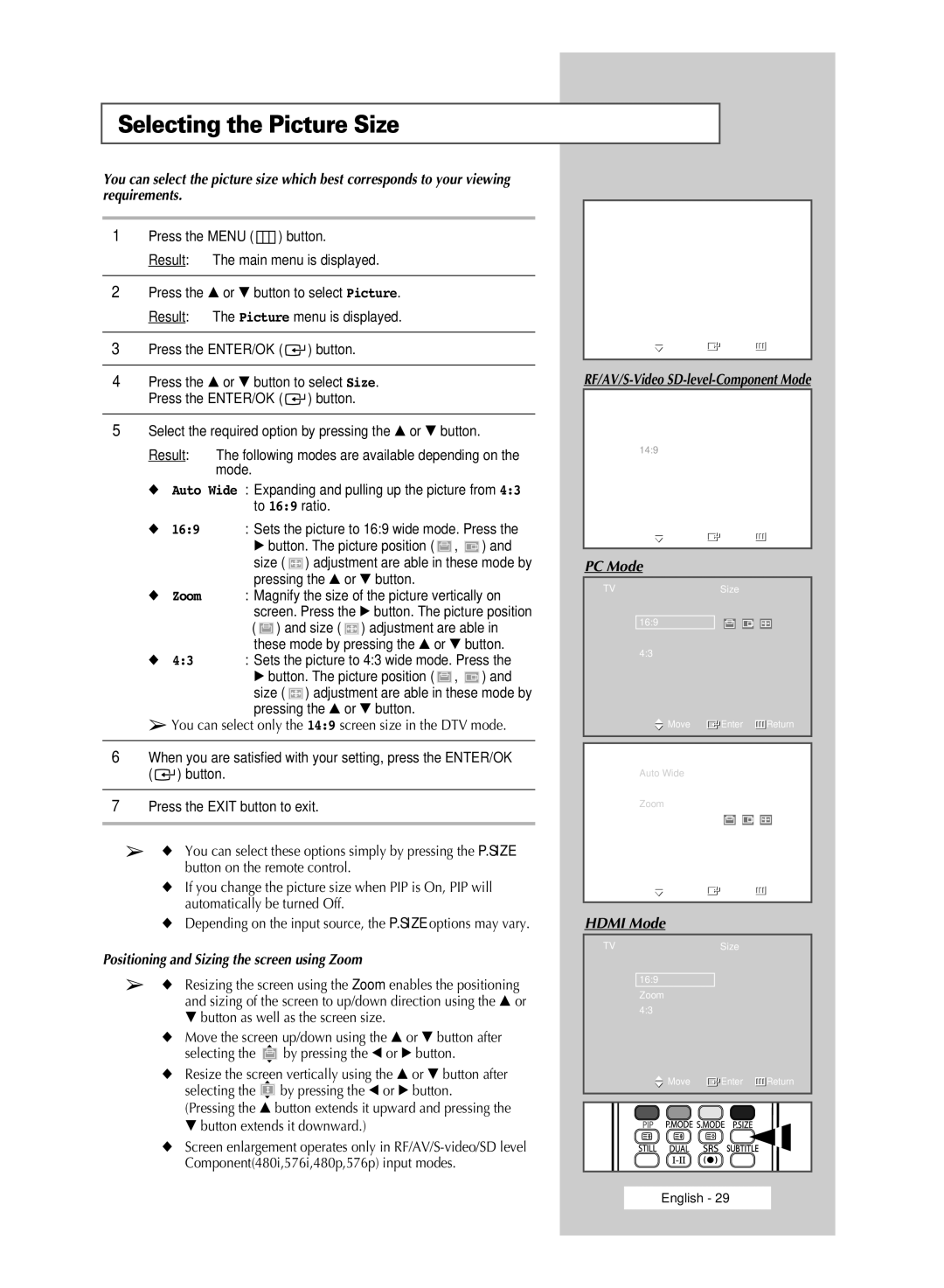 Samsung SP50L6HD, SP67L6HD Selecting the Picture Size, Positioning and Sizing the screen using Zoom, PC Mode, Hdmi Mode 