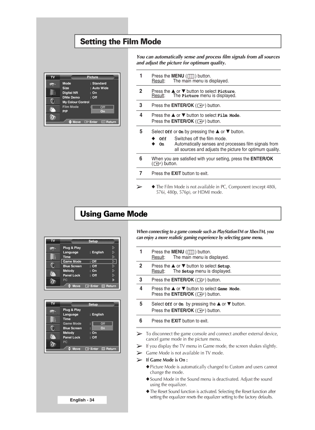 Samsung SP67L6HD, SP50L6HD manual Setting the Film Mode, Using Game Mode 