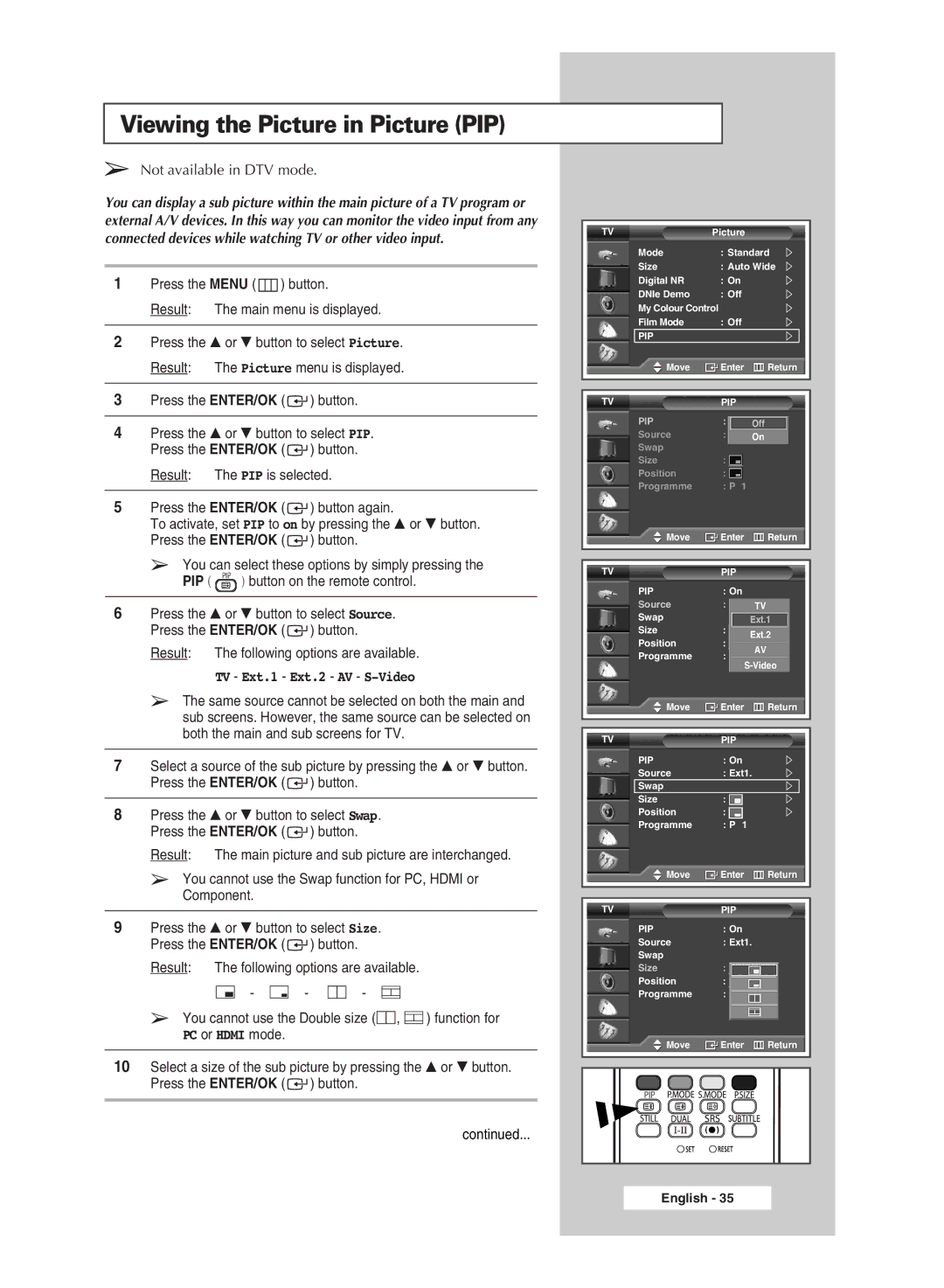 Samsung SP50L6HD, SP67L6HD manual Viewing the Picture in Picture PIP, TV Ext.1 Ext.2 AV S-Video 