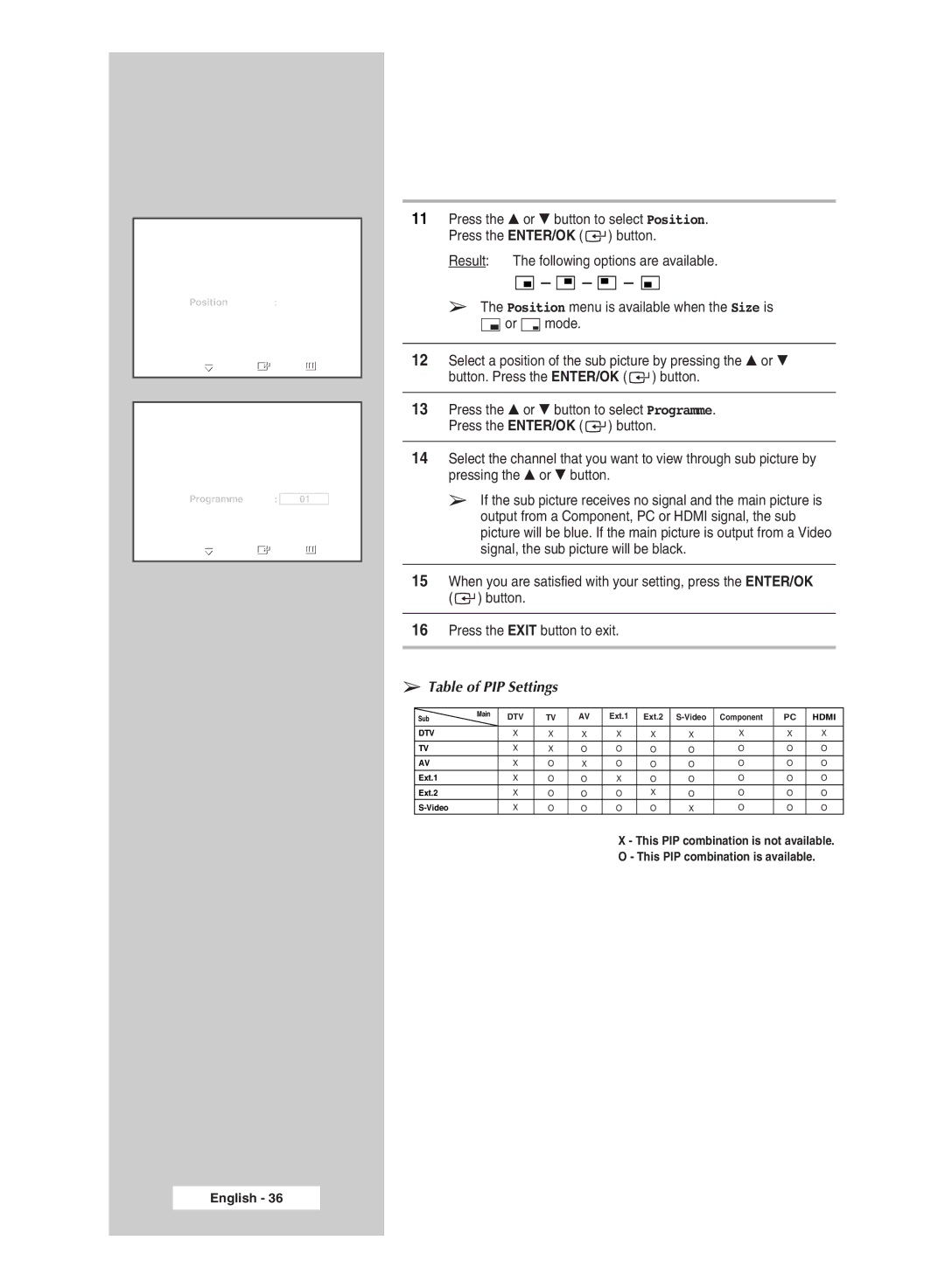 Samsung SP67L6HD, SP50L6HD manual Table of PIP Settings 