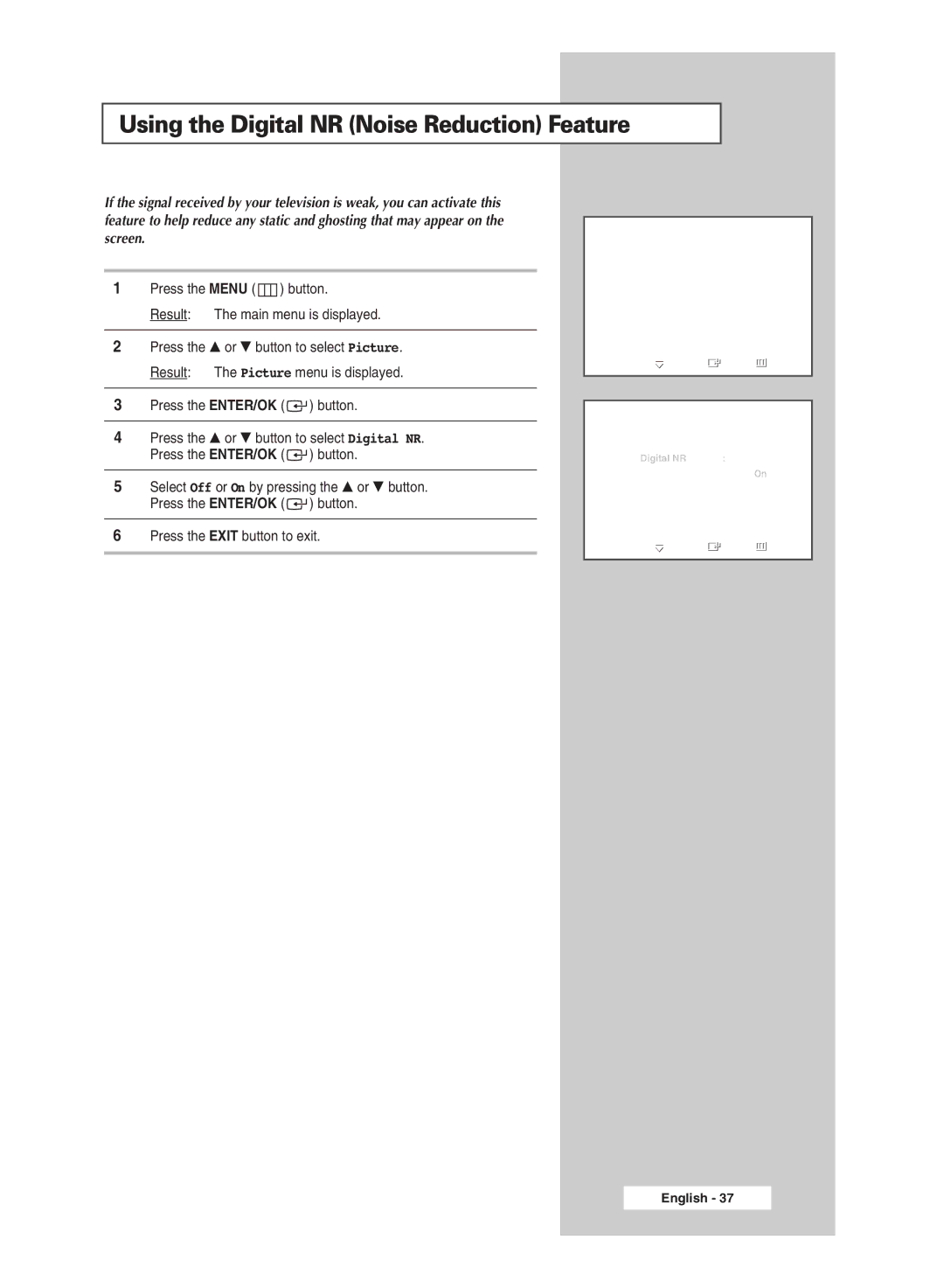 Samsung SP50L6HD, SP67L6HD manual Using the Digital NR Noise Reduction Feature 