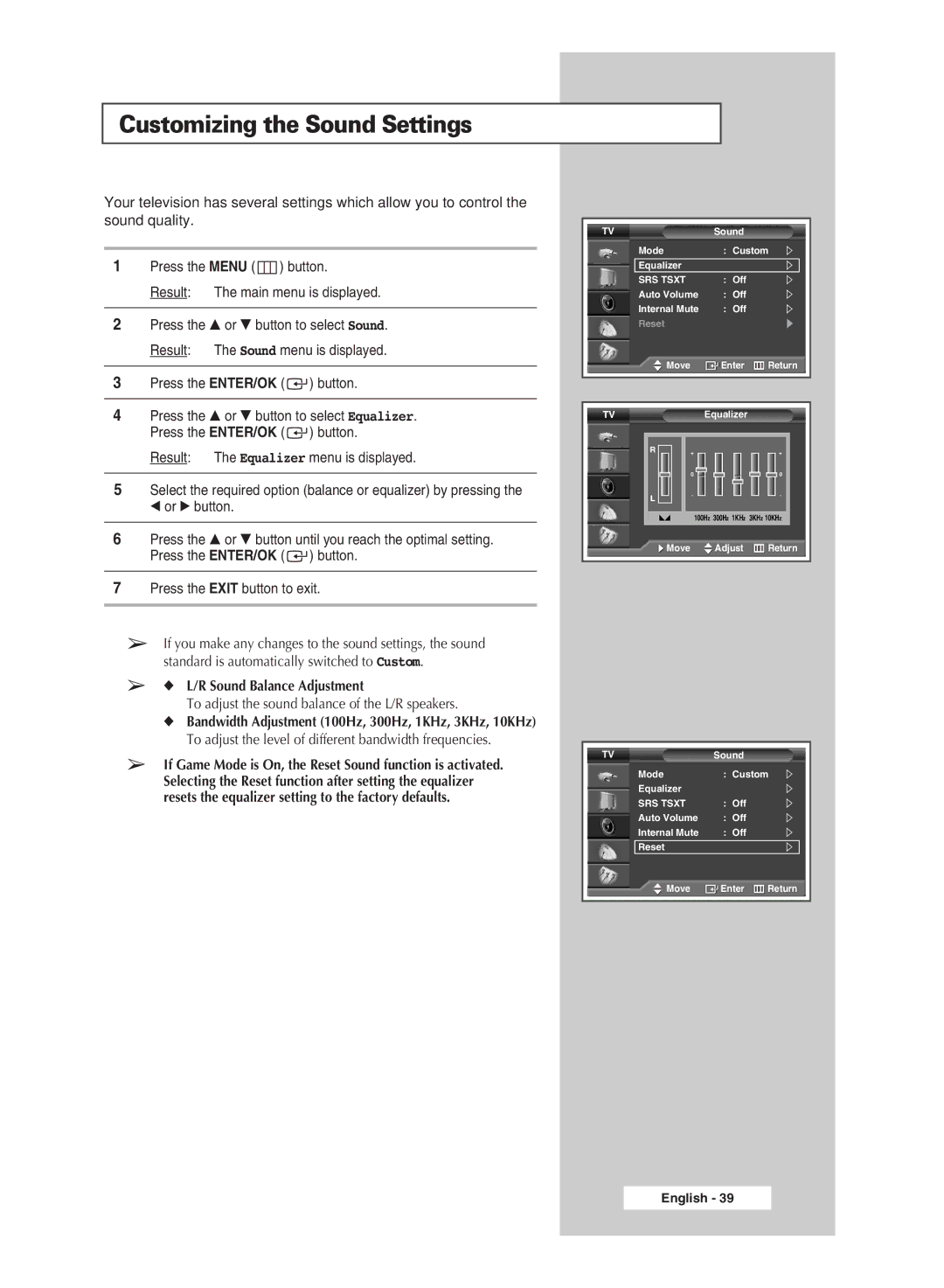 Samsung SP50L6HD, SP67L6HD manual Customizing the Sound Settings, Sound Balance Adjustment 