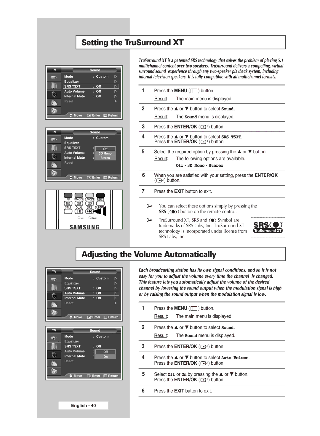 Samsung SP67L6HD, SP50L6HD manual Setting the TruSurround XT, Adjusting the Volume Automatically, Off 3D Mono Stereo 