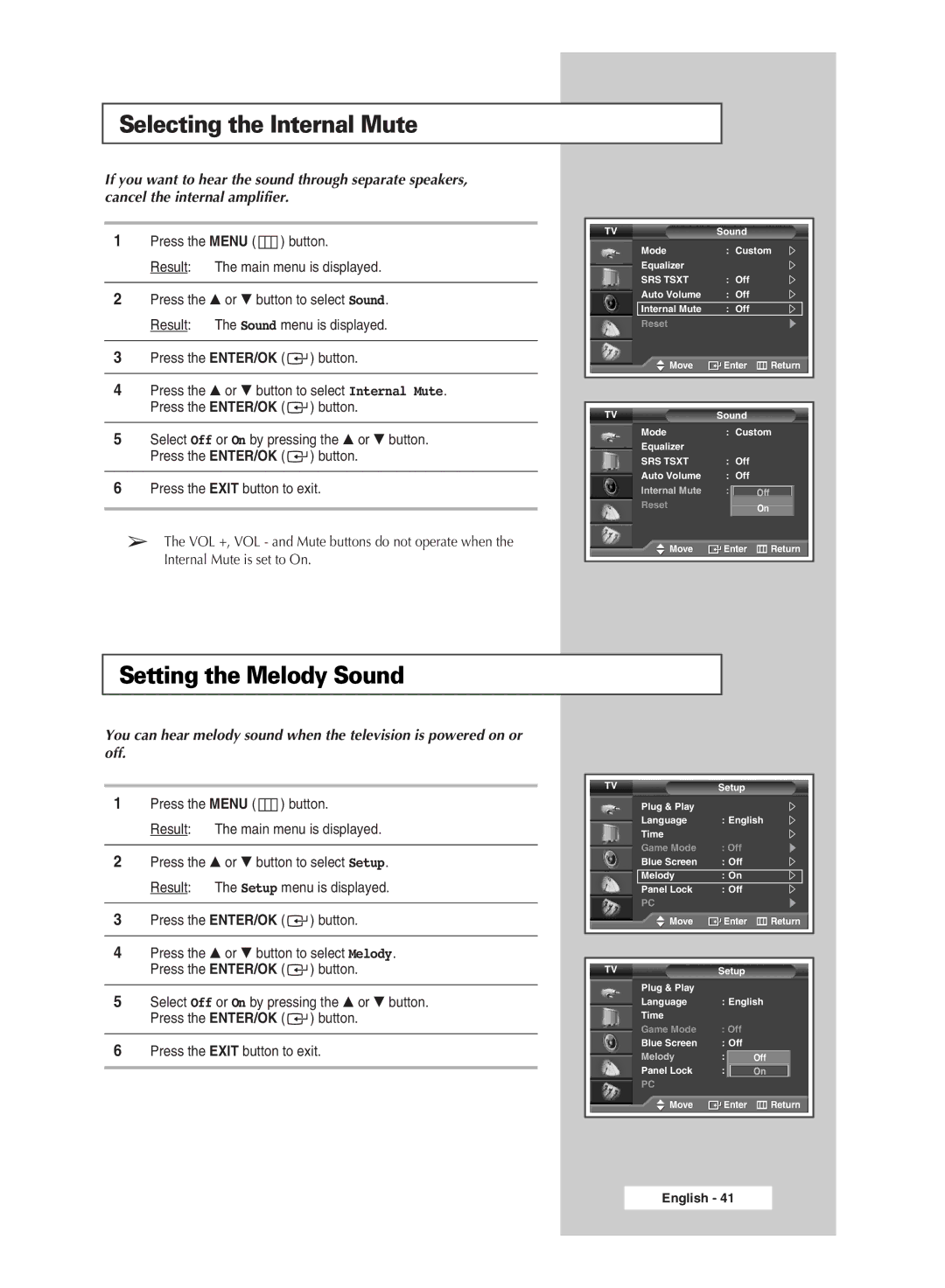 Samsung SP50L6HD, SP67L6HD manual Selecting the Internal Mute, Setting the Melody Sound 