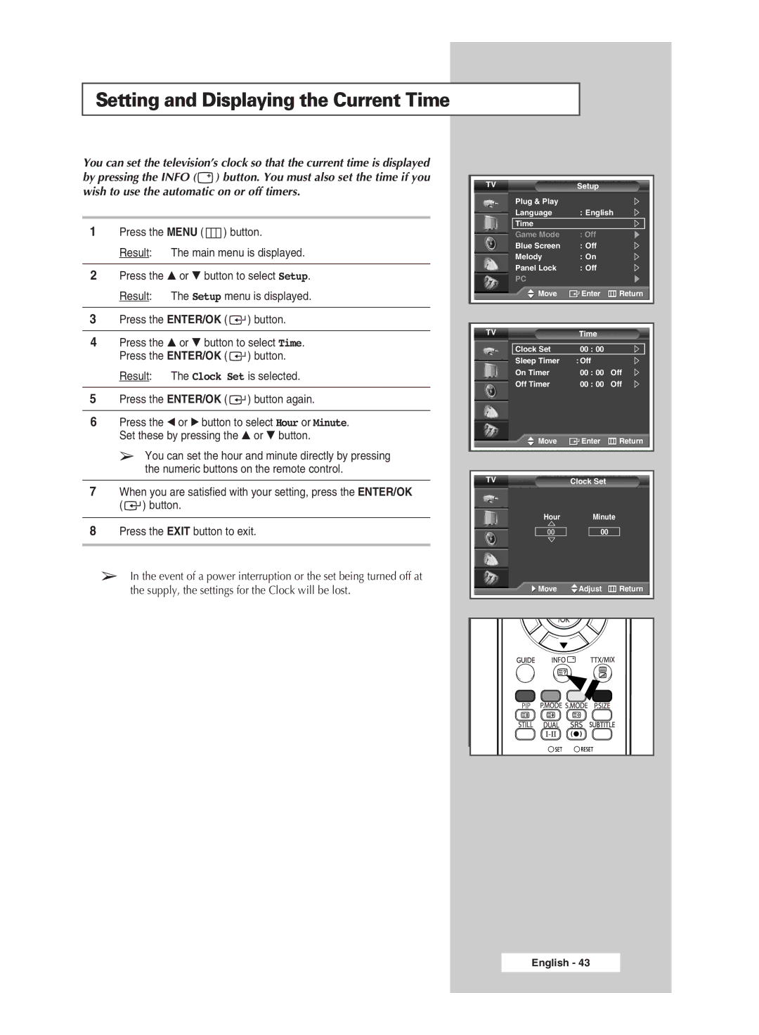 Samsung SP50L6HD, SP67L6HD manual Setting and Displaying the Current Time 