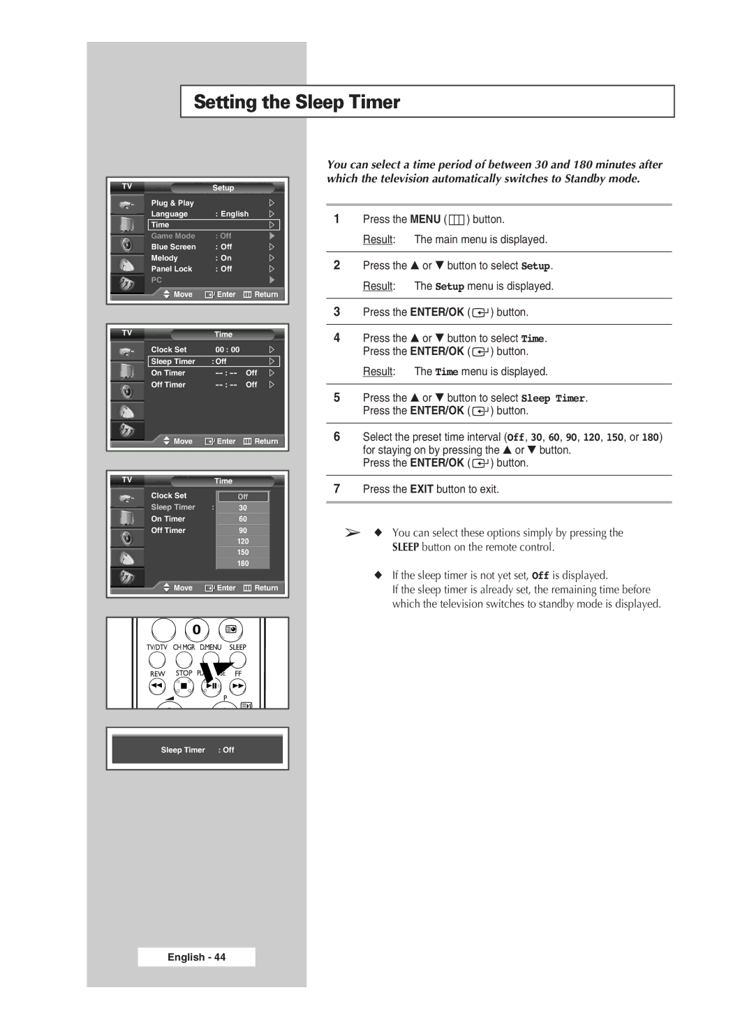 Samsung SP67L6HD, SP50L6HD manual Setting the Sleep Timer, If the sleep timer is not yet set, Off is displayed 