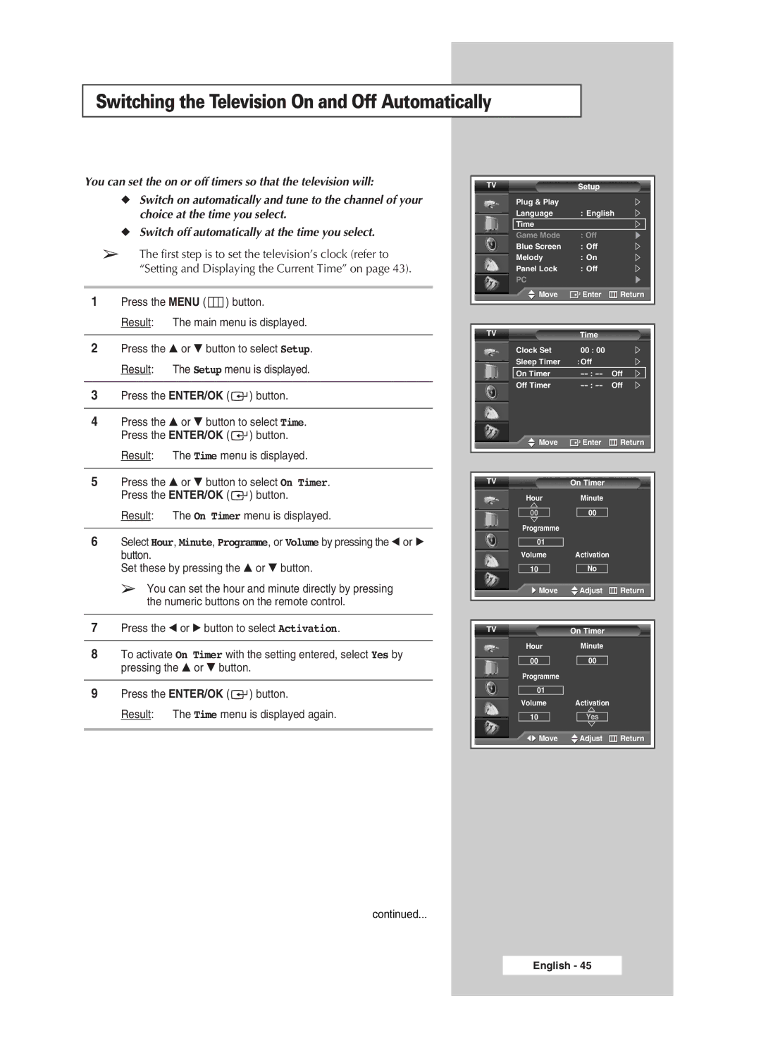 Samsung SP50L6HD, SP67L6HD manual Switching the Television On and Off Automatically, Result The Time menu is displayed 