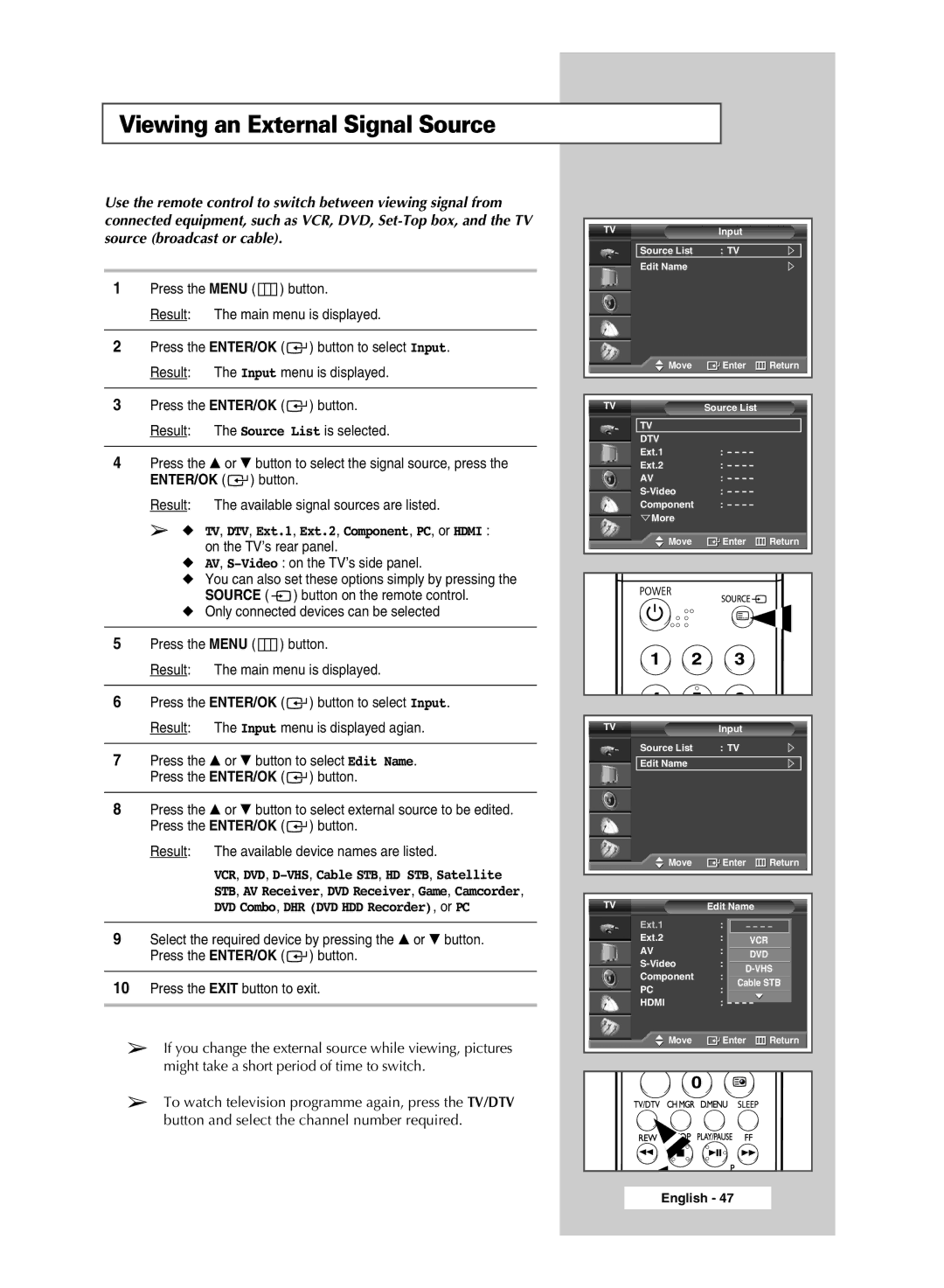 Samsung SP50L6HD, SP67L6HD manual Viewing an External Signal Source, AV, S-Video on the TV’s side panel 