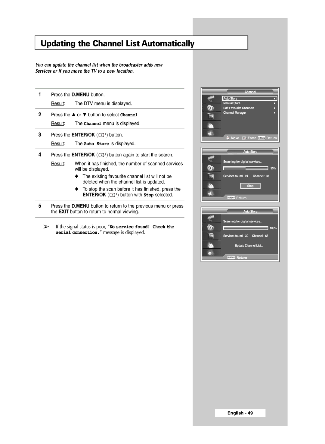 Samsung SP50L6HD manual Updating the Channel List Automatically, Press the D.MENU button Result The DTV menu is displayed 