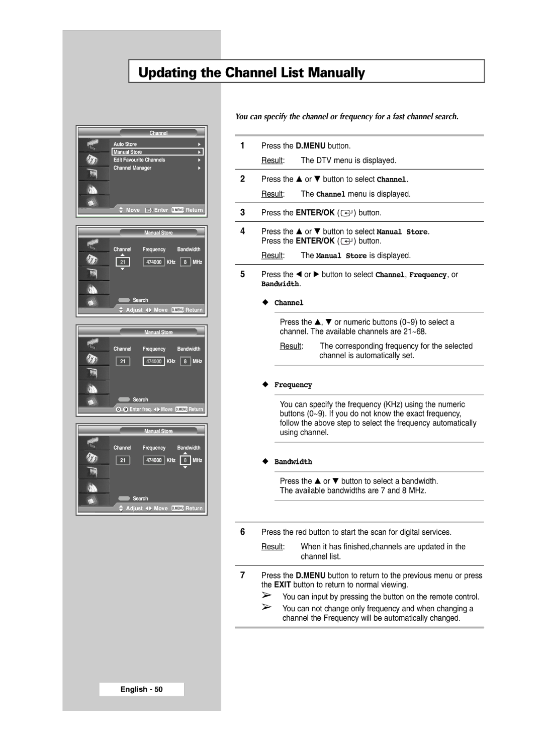 Samsung SP67L6HD, SP50L6HD manual Updating the Channel List Manually, Bandwidth Channel 