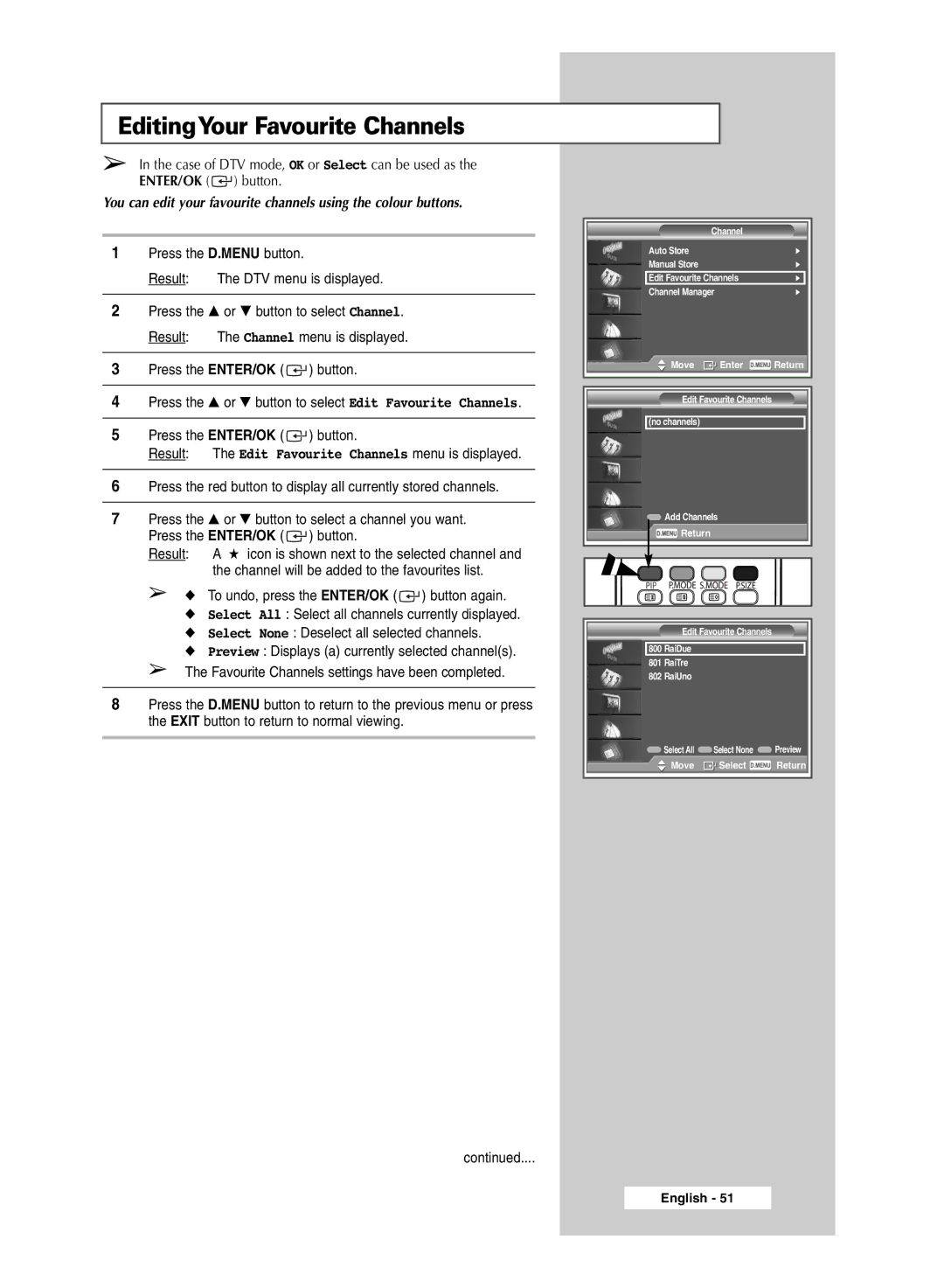 Samsung SP50L6HD, SP67L6HD manual EditingYour Favourite Channels, Channel will be added to the favourites list 