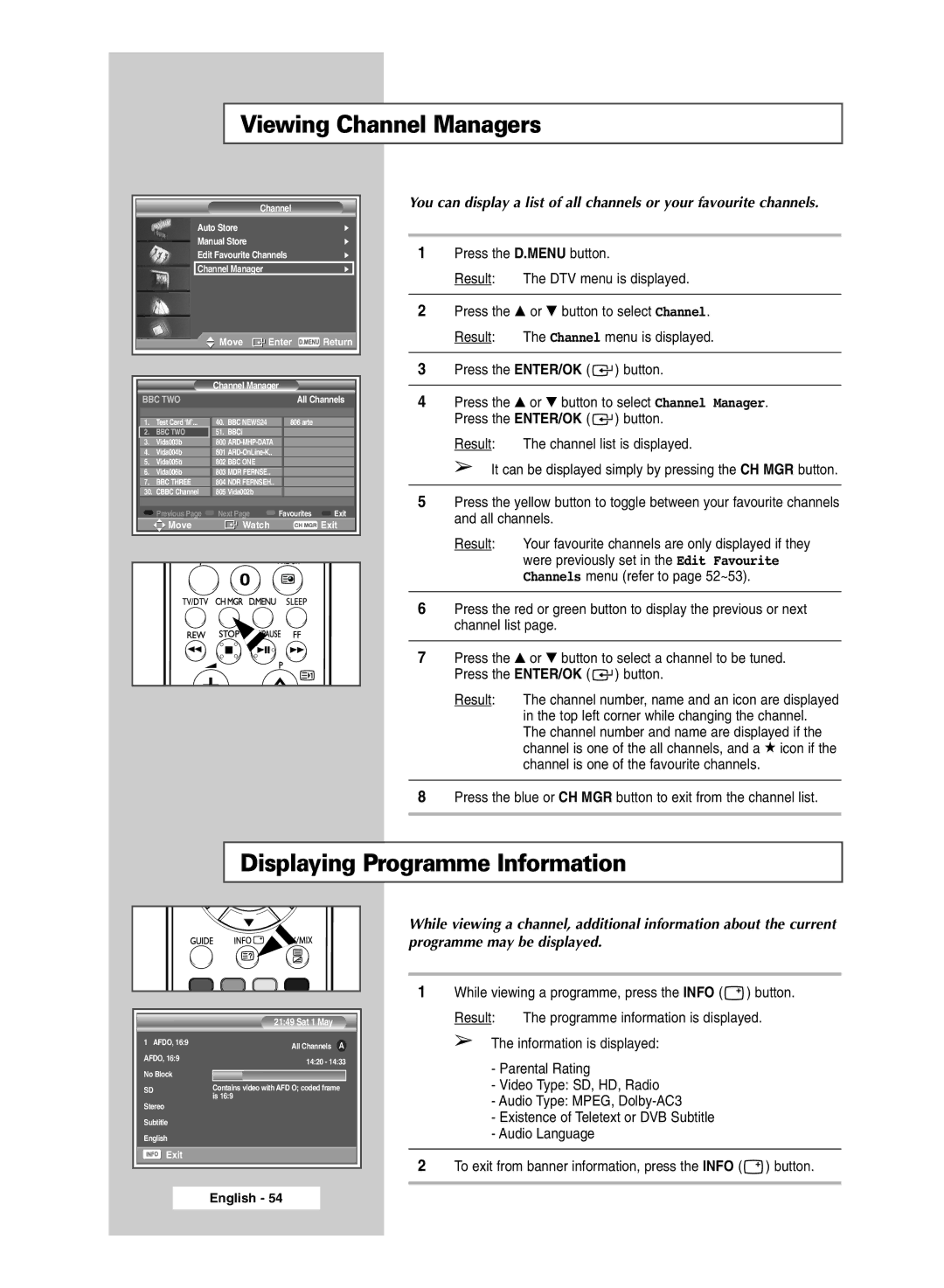 Samsung SP67L6HD, SP50L6HD manual Viewing Channel Managers, Displaying Programme Information 