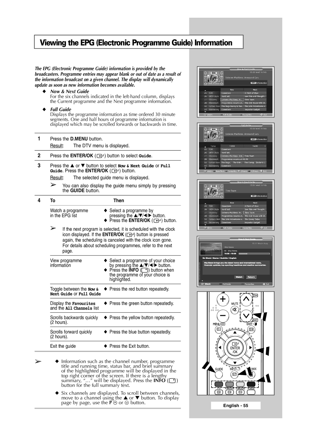 Samsung SP50L6HD Viewing the EPG Electronic Programme Guide Information, Now & Next Guide, Full Guide, Button is pressed 