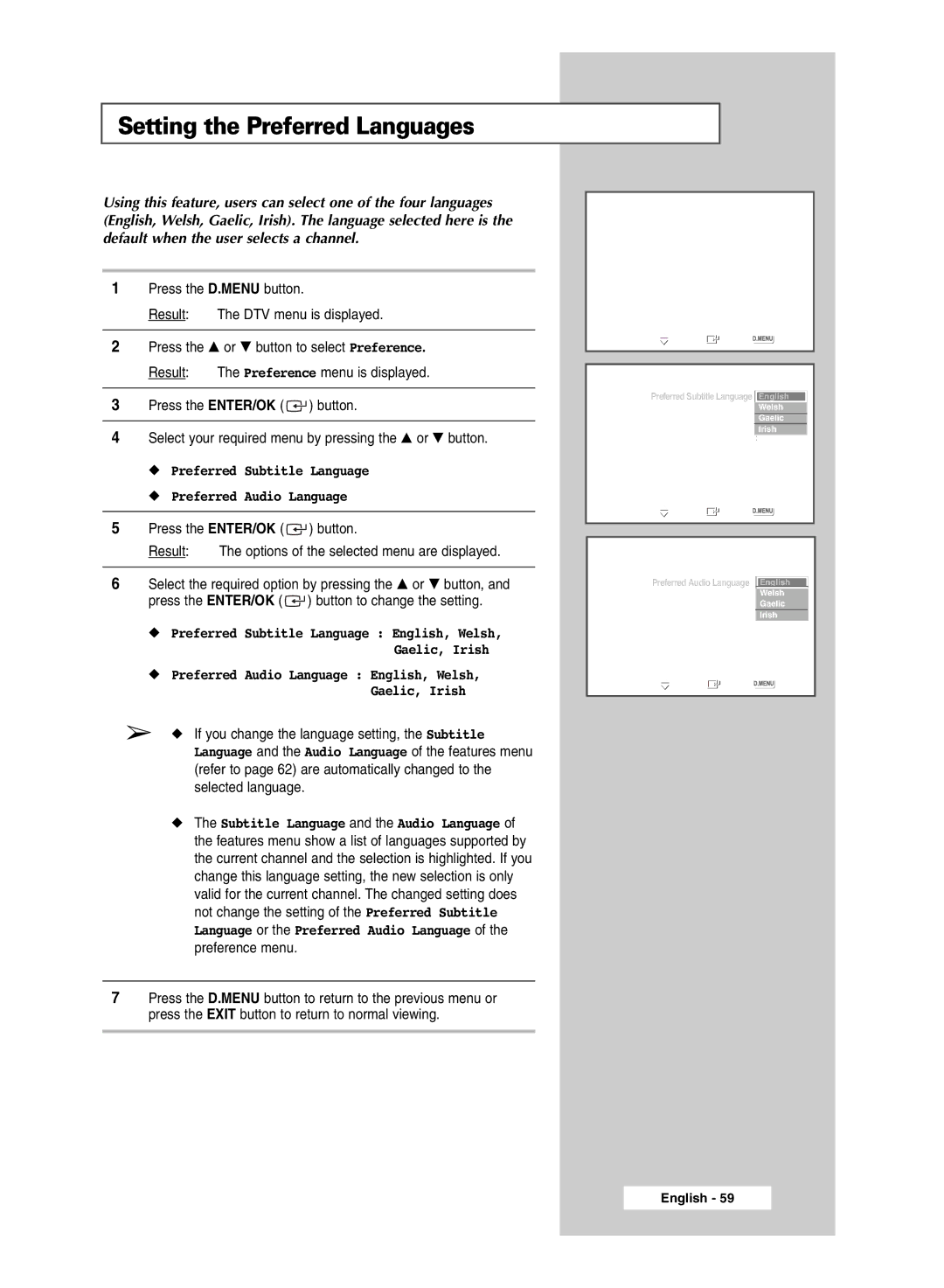 Samsung SP50L6HD, SP67L6HD manual Setting the Preferred Languages, Preferred Subtitle Language Preferred Audio Language 