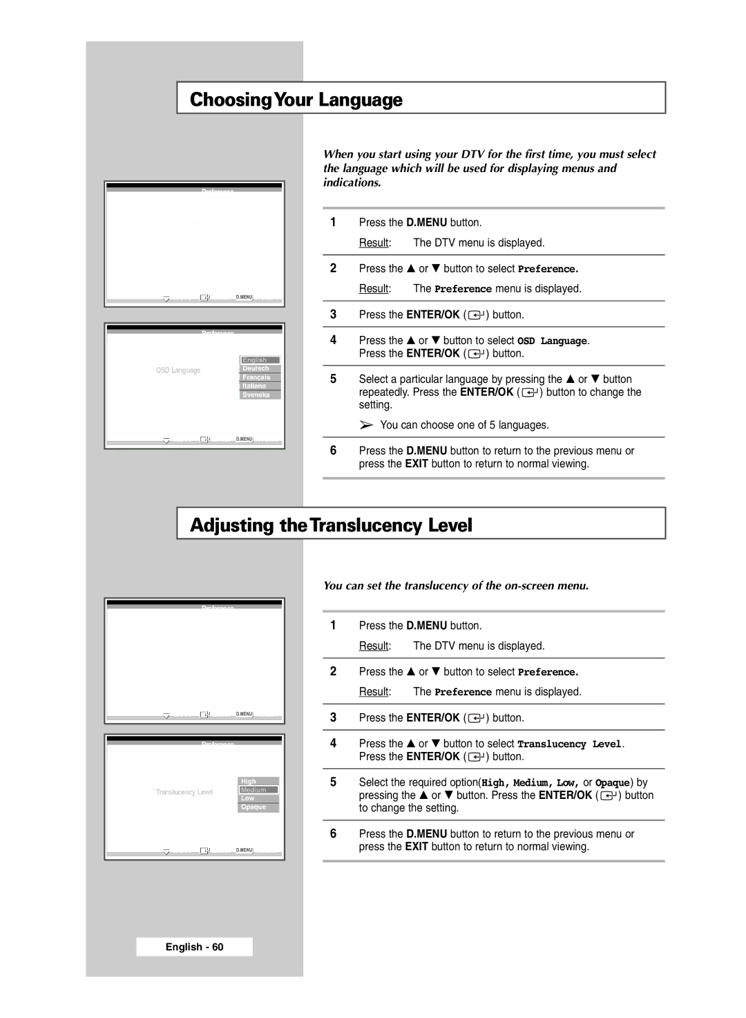 Samsung SP67L6HD, SP50L6HD manual ChoosingYour Language, Adjusting theTranslucency Level 