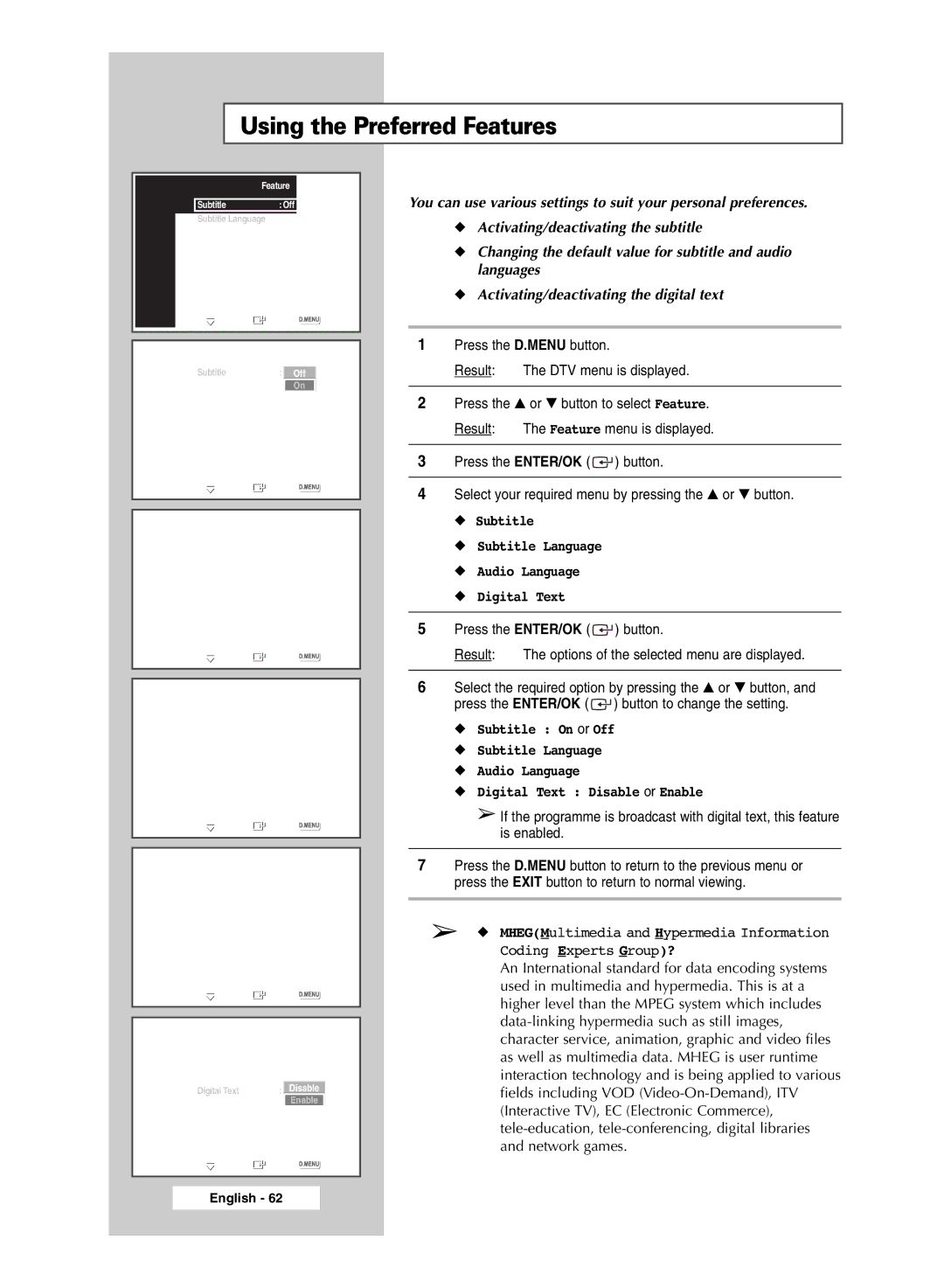 Samsung SP67L6HD, SP50L6HD manual Using the Preferred Features, Subtitle Subtitle Language Audio Language Digital Text 