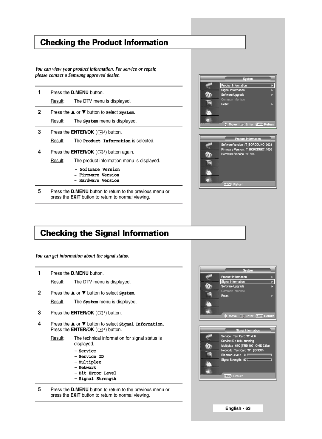 Samsung SP50L6HD, SP67L6HD manual Checking the Product Information, Checking the Signal Information 