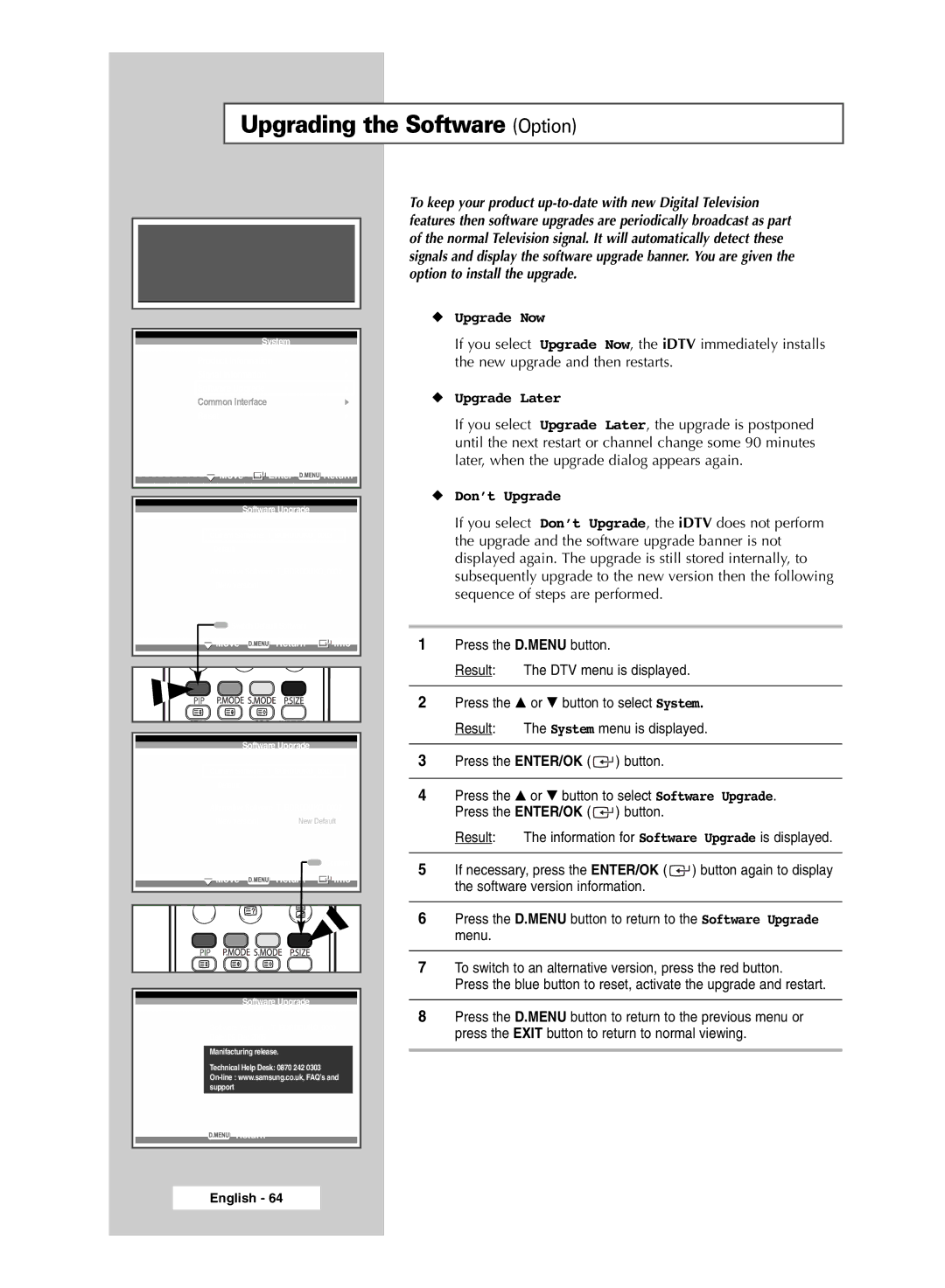 Samsung SP67L6HD, SP50L6HD manual Upgrading the Software Option, Software Upgrade 