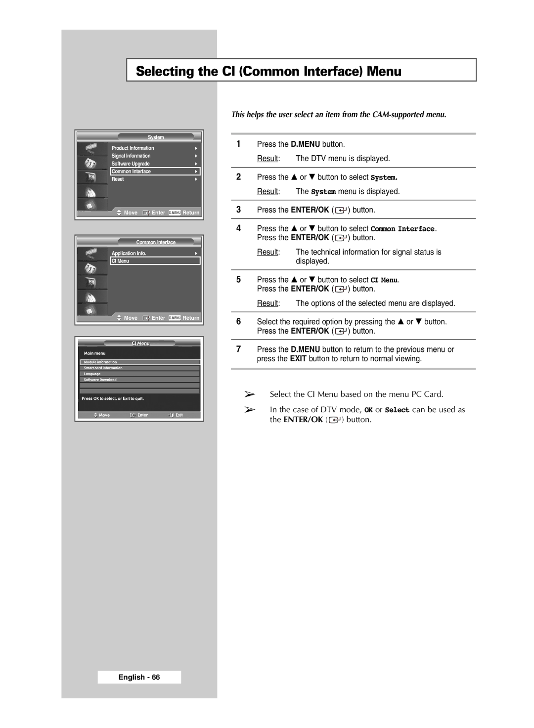 Samsung SP67L6HD, SP50L6HD manual Selecting the CI Common Interface Menu 