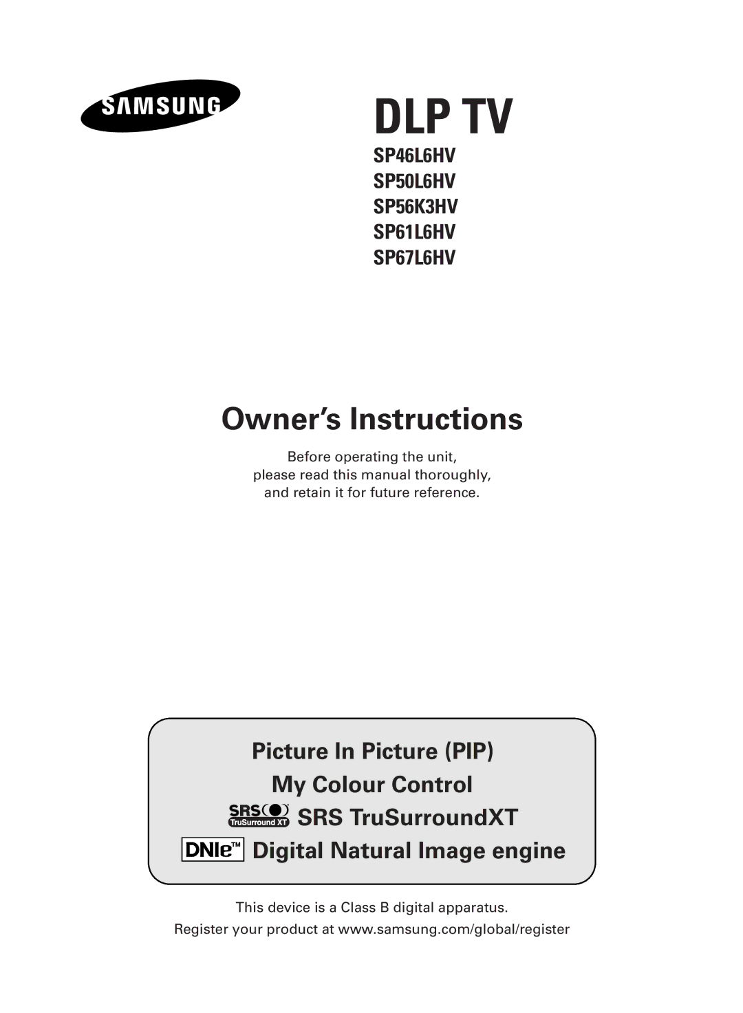 Samsung SP56K3HV, SP67L6HV, SP 61L6HV, SP 46L6HV manual Dlp Tv 