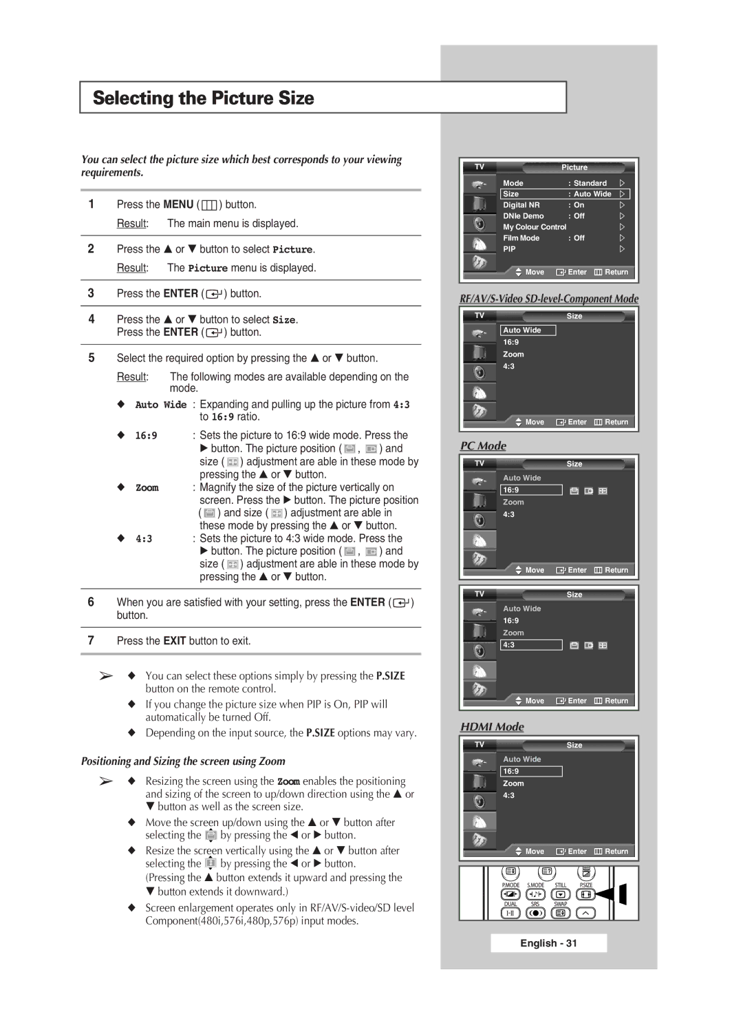 Samsung SP 46L6HV, SP67L6HV, SP56K3HV Selecting the Picture Size, Positioning and Sizing the screen using Zoom, Hdmi Mode 