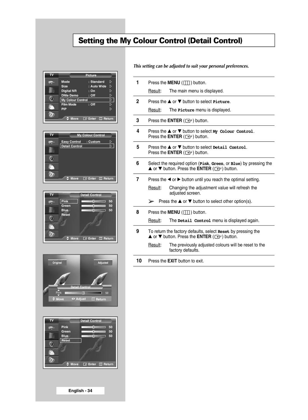 Samsung SP 61L6HV, SP67L6HV, SP56K3HV, SP 46L6HV manual Setting the My Colour Control Detail Control 