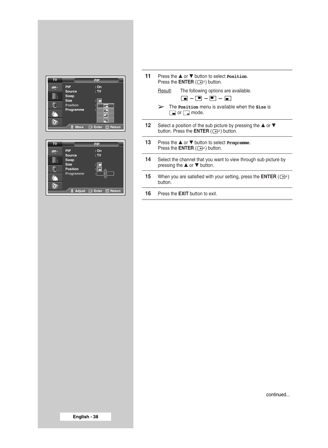 Samsung SP 61L6HV, SP67L6HV, SP56K3HV, SP 46L6HV manual Tvpip PIP 