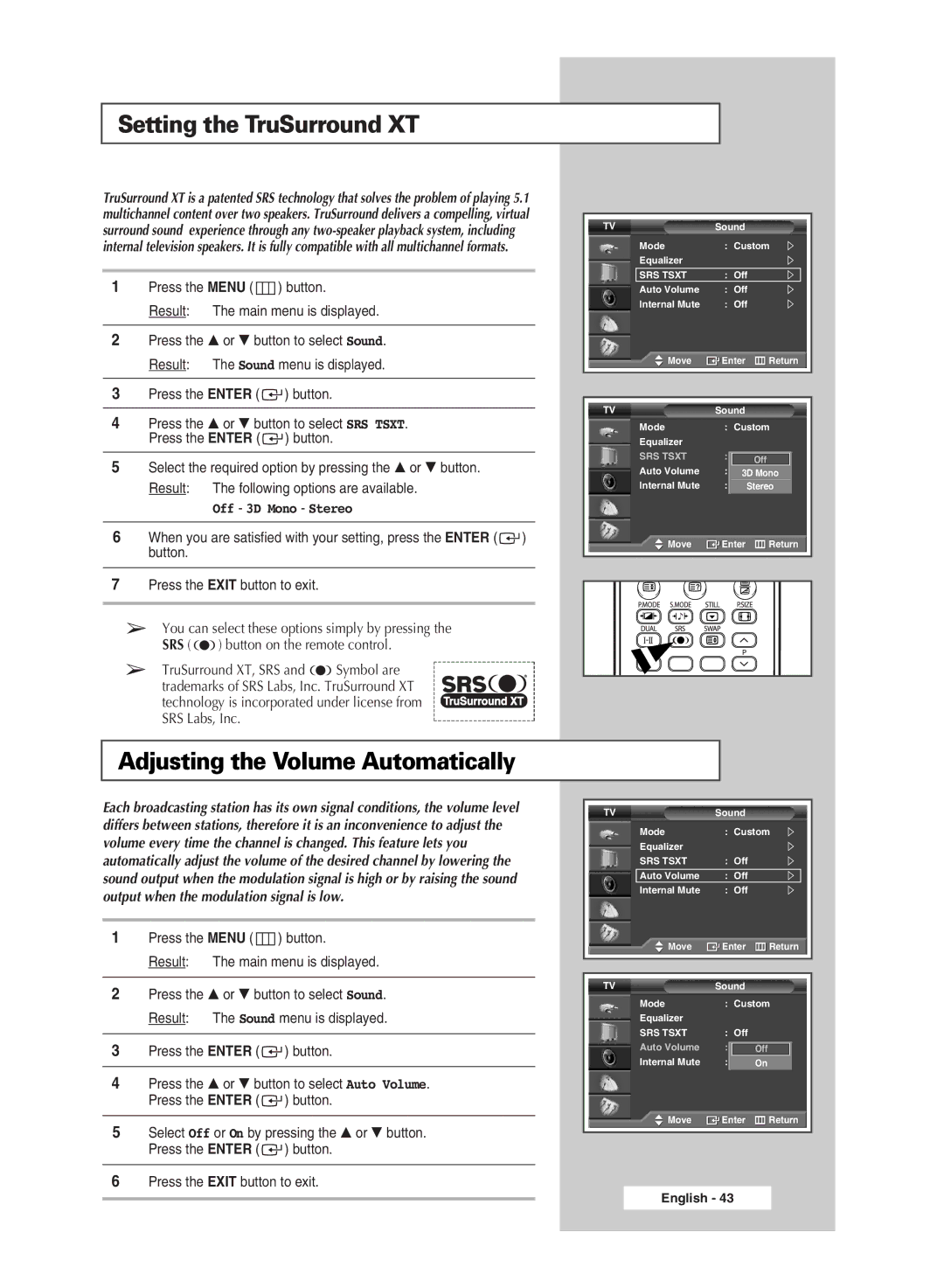 Samsung SP 46L6HV, SP67L6HV, SP56K3HV, SP 61L6HV manual Setting the TruSurround XT, Adjusting the Volume Automatically 