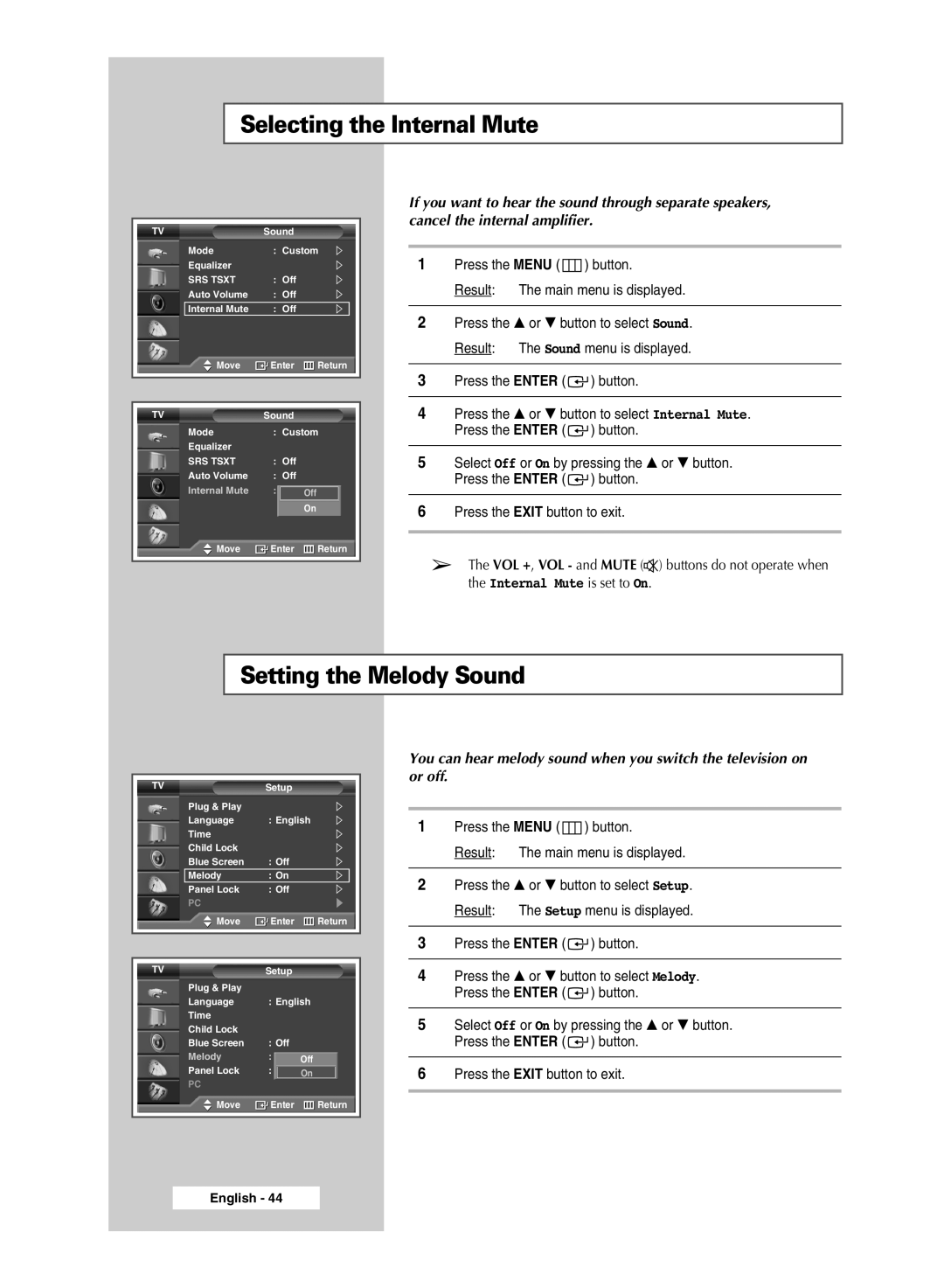 Samsung SP67L6HV, SP56K3HV, SP 61L6HV, SP 46L6HV manual Selecting the Internal Mute, Setting the Melody Sound 