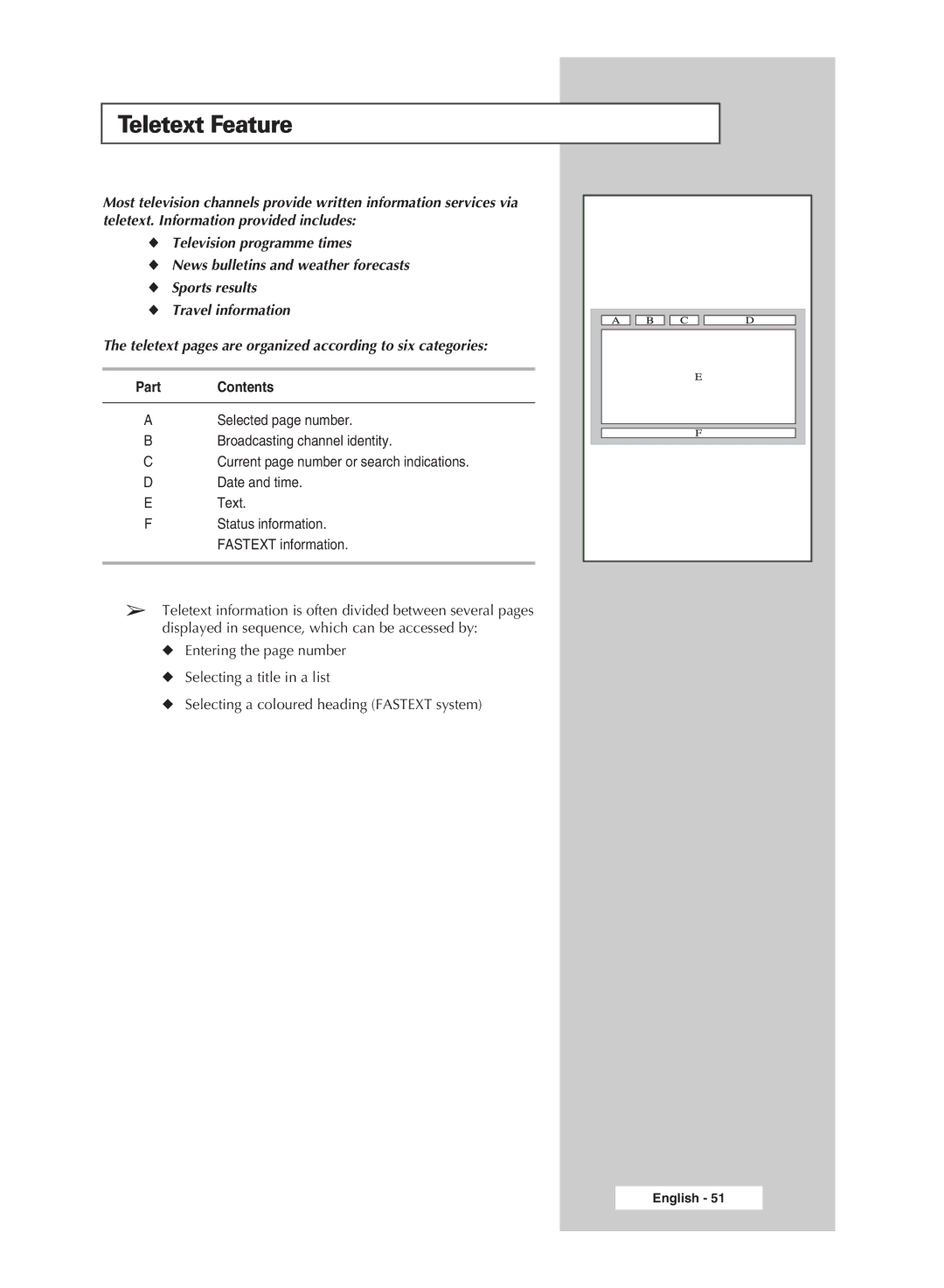 Samsung SP 46L6HV, SP67L6HV, SP56K3HV, SP 61L6HV manual Teletext Feature, Part Contents 