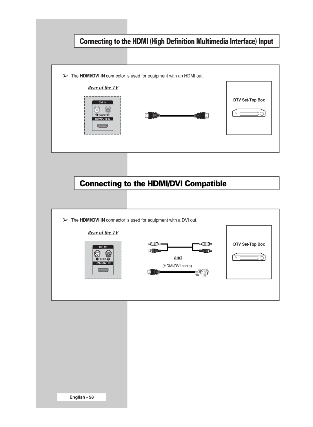 Samsung SP 61L6HV manual Connecting to the HDMI/DVI Compatible, HDMI/DVI in connector is used for equipment with a DVI out 