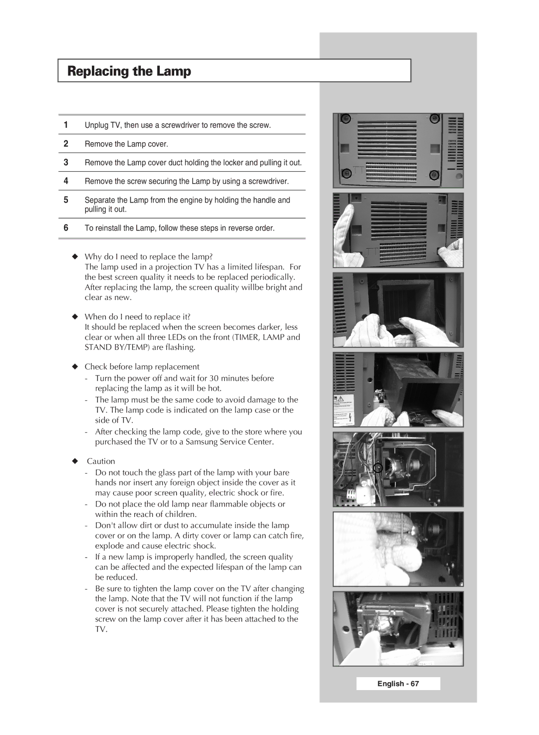 Samsung SP 46L6HV, SP67L6HV, SP56K3HV, SP 61L6HV manual Replacing the Lamp 