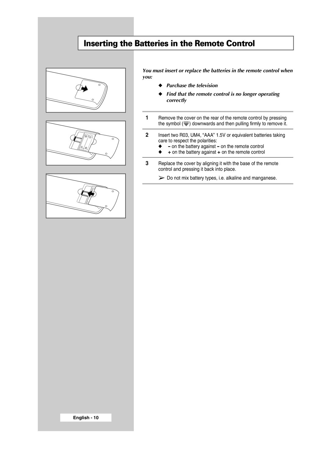 Samsung SP67L6HX manual Inserting the Batteries in the Remote Control 