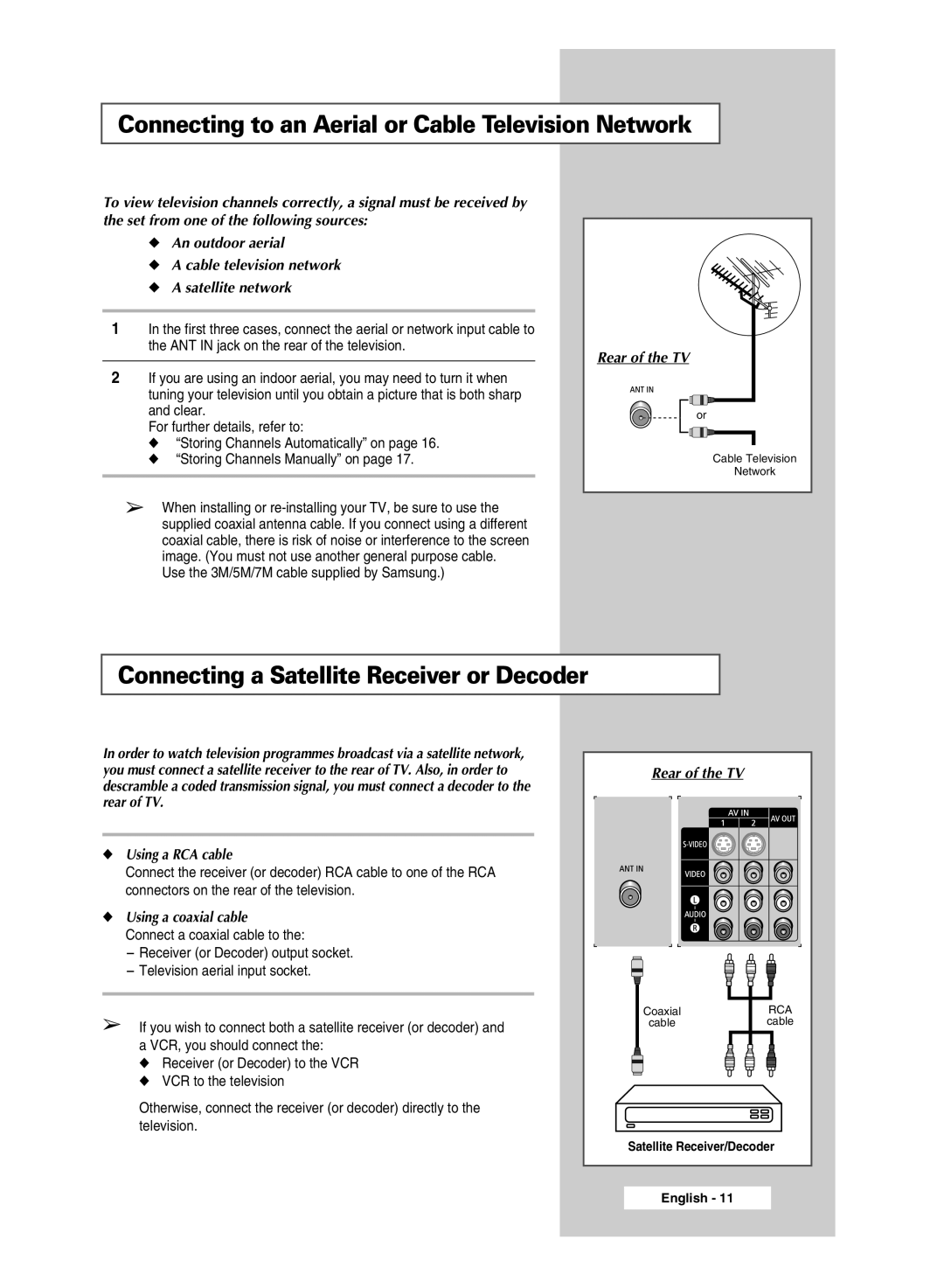 Samsung SP67L6HX manual Connecting to an Aerial or Cable Television Network, Connecting a Satellite Receiver or Decoder 