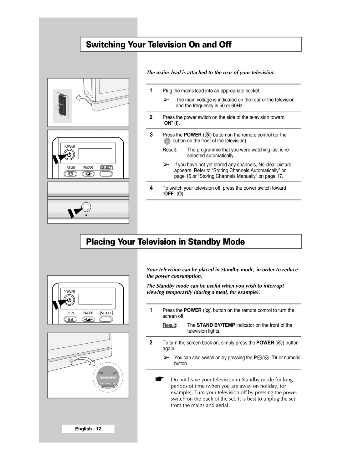 Samsung SP67L6HX manual Switching Your Television On and Off, Placing Your Television in Standby Mode 