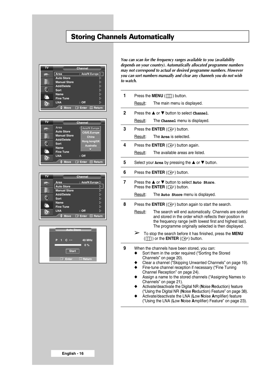 Samsung SP67L6HX manual Storing Channels Automatically, Lna 