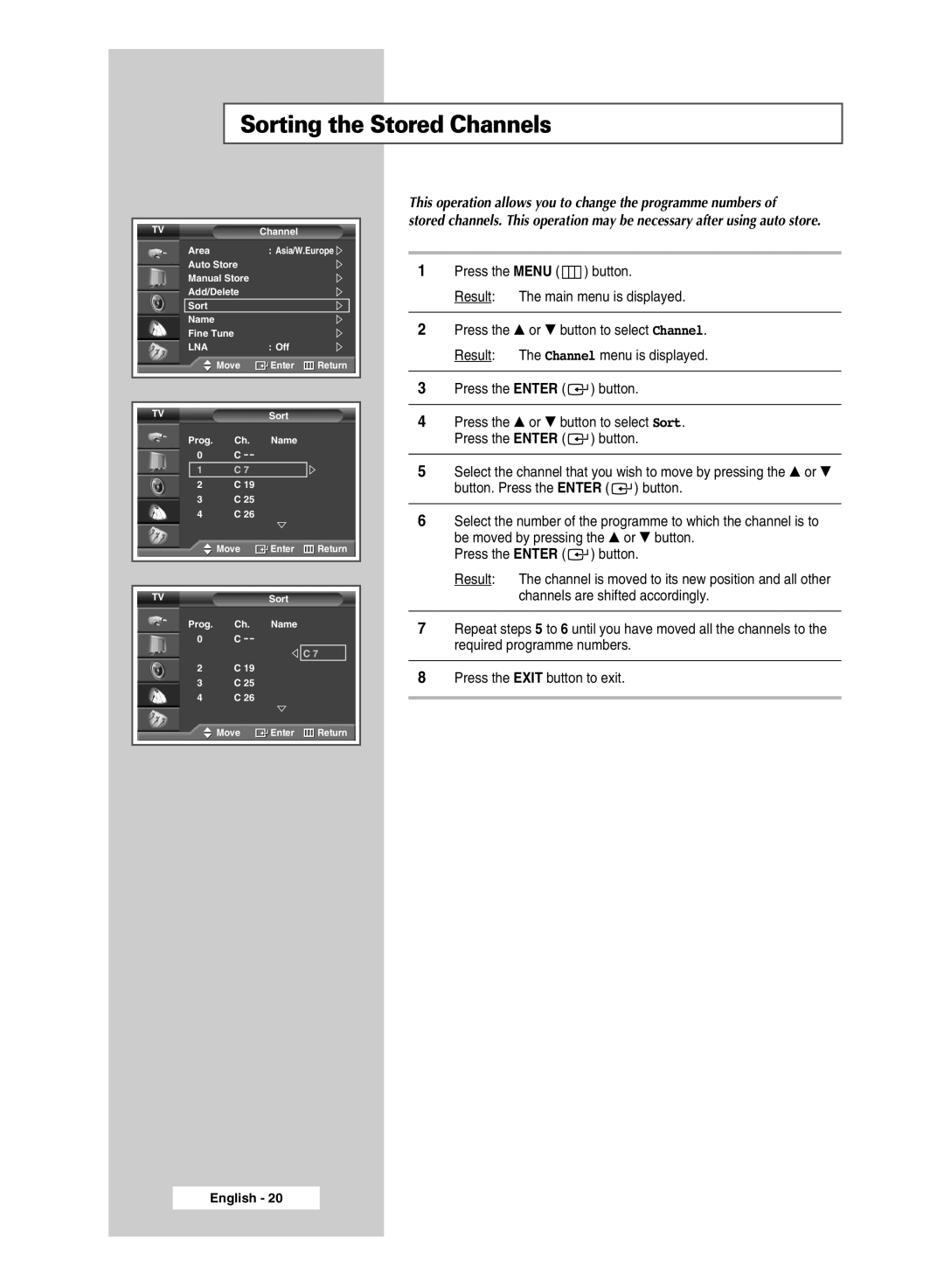 Samsung SP67L6HX manual Sorting the Stored Channels, This operation allows you to change the programme numbers 