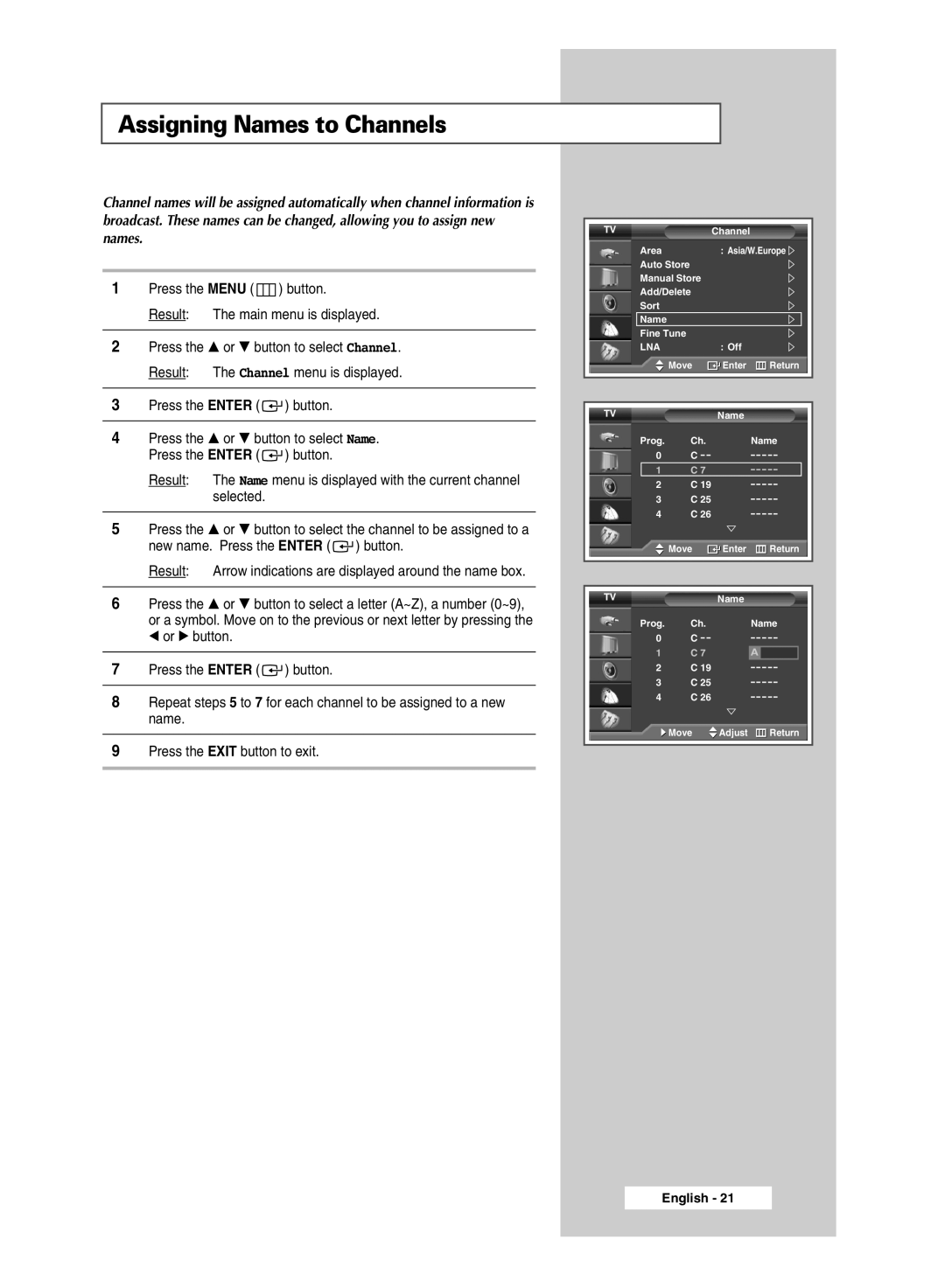 Samsung SP67L6HX manual Assigning Names to Channels 